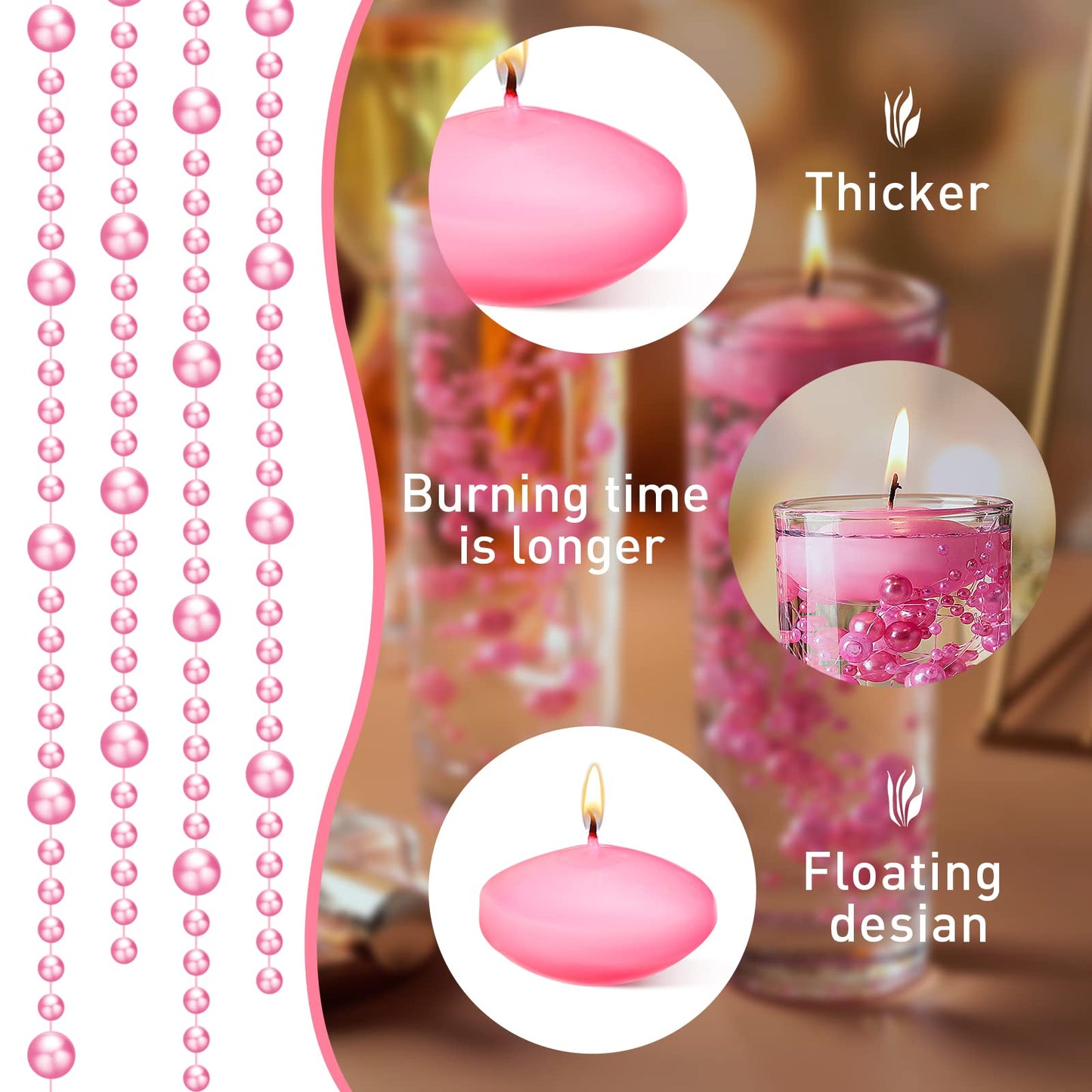 Nuanchu 12 Pieces 1. 65 Inch Floating Candles for Wedding Centerpiece, Small Unscented Floating Round Tealights Metallic Smooth Wax Disc Candles for Graduation Dinner Home Decor(Pink)