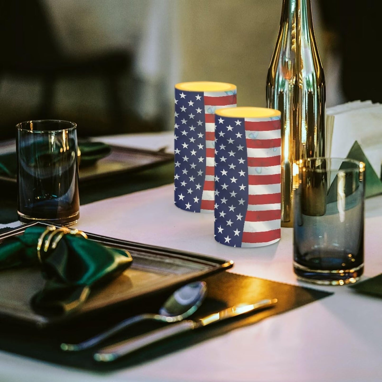 Luarisgur Flameless Candles LED American Flag Decorative Candles Butterfly Print Battery Operated Ornage Flickering Candles with 18-Key Remote Timer Pillar for Home Living Room Party Table Decorations