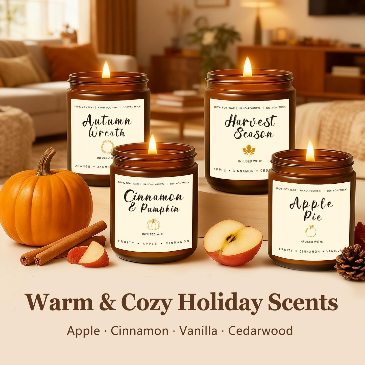 Candles for Home Scented – Cinnamon Pumpkin, Apple Vanilla, Orange Jasmine Coconut, Cedarwood Spice – Long Lasting Soy Candles Set for Home, Birthday & Valentine's Day Gifts for Women