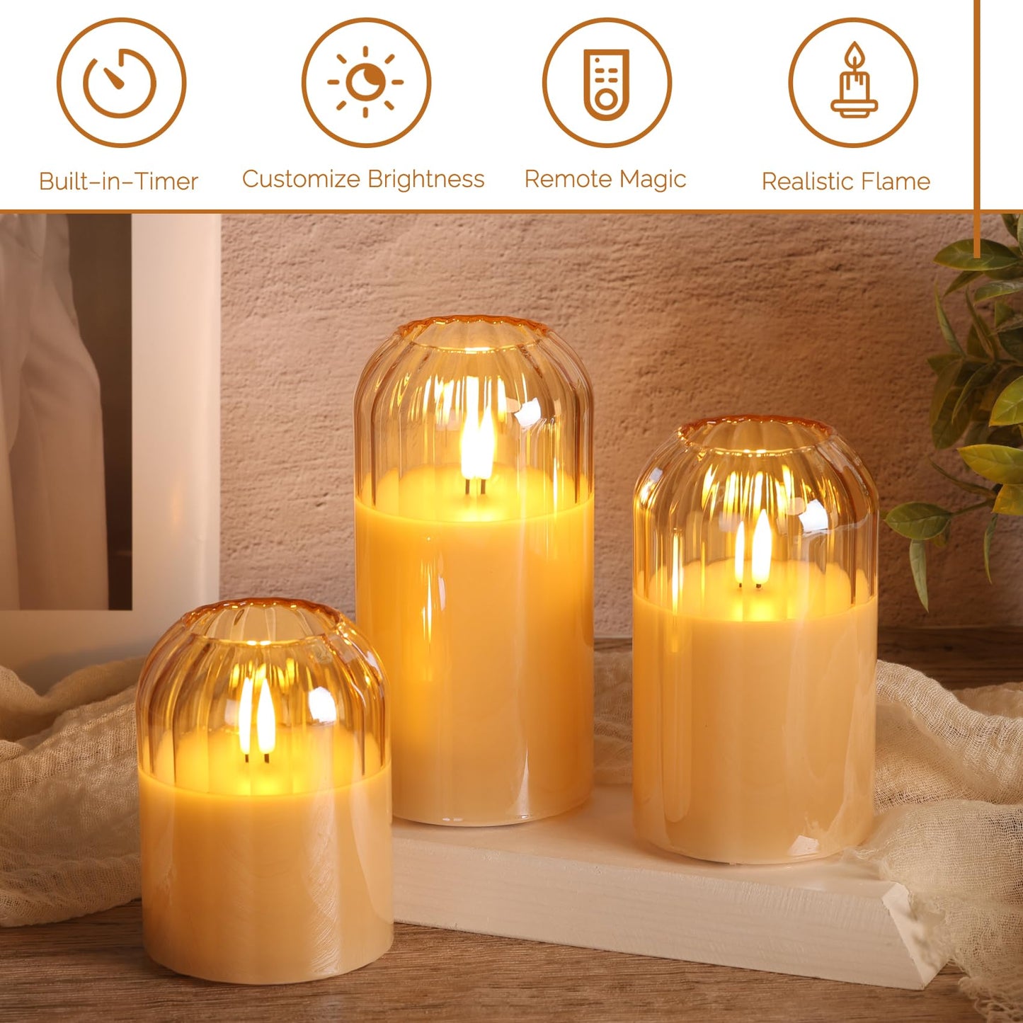 Girimax Gold Glass Flameless Candles with Remote, Real Wax Flickering Battery LED Pillar Candles Set of 3
