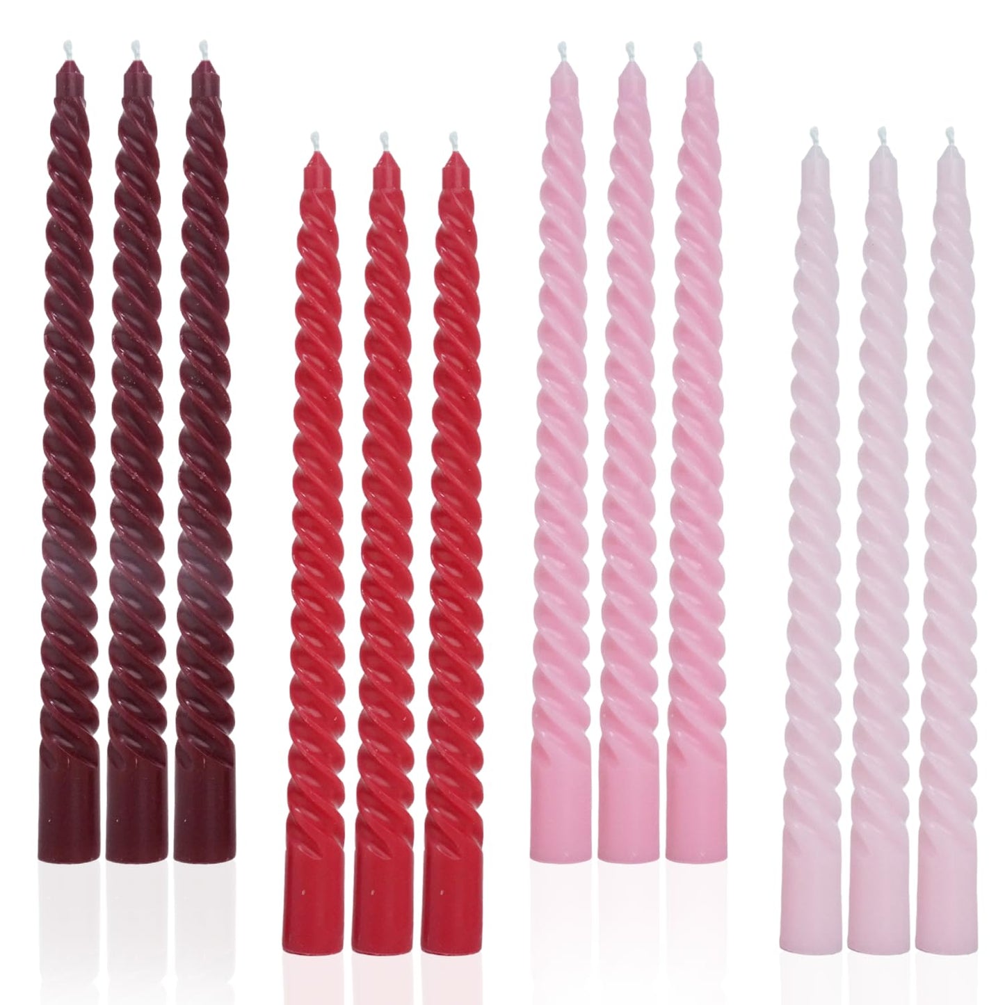 LPUSA Red Taper Candles Spiral Candle Sticks,Unscented Pastel Candle for Holiday,Wedding and Home Decoration,10inch,12 Pack(E-Gradient red)