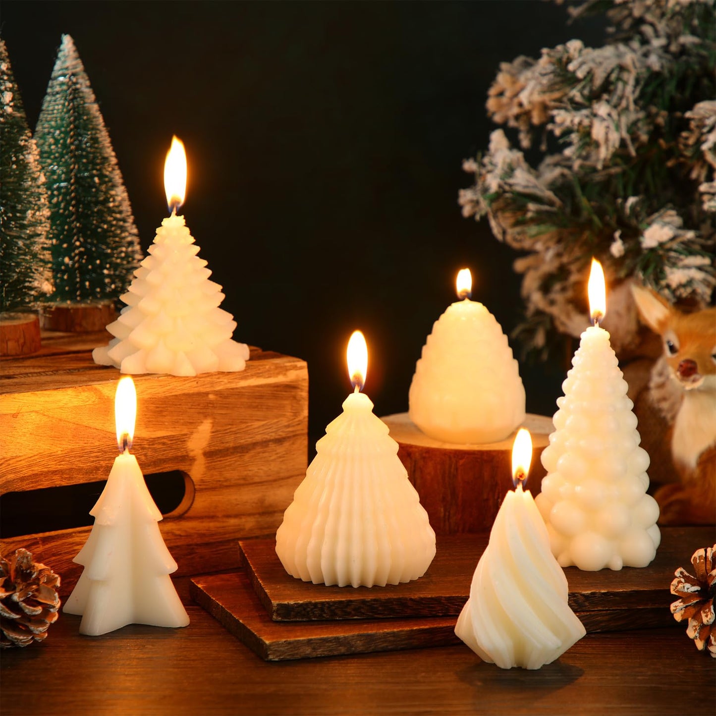 MTLEE 6 Pieces Christmas Soy Candles Scented Candles Winter Christmas Tree Cone Candles Home Decor Pinecone Candle Handmade Wax Candle for Bedroom Bathroom Party (White)