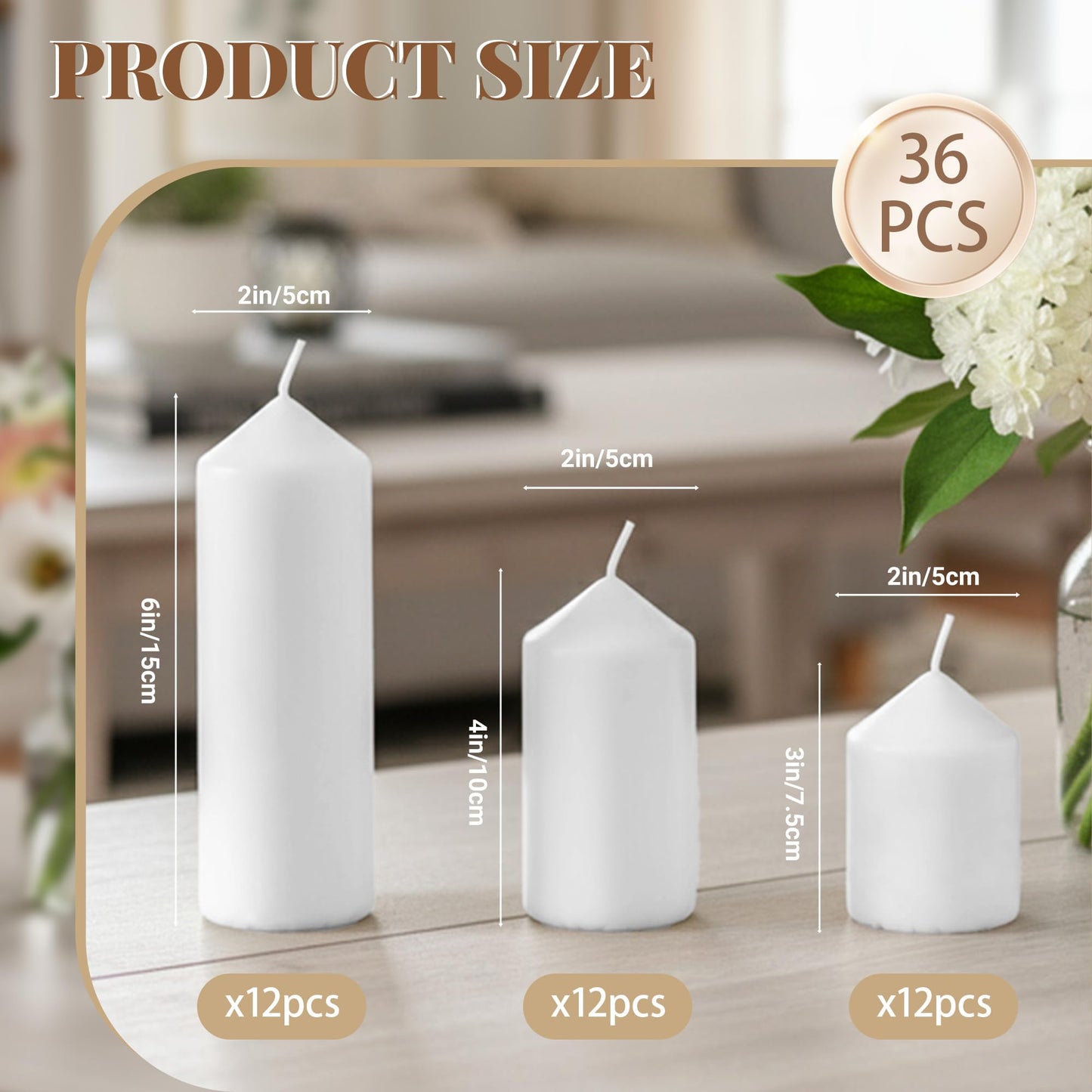 HTTBEIZI 36 Pcs White Pillar Candles Bulk Set | Unscented Dripless Smokeless Wax Candles | 3 Assorted Sizes: 2x3, 2x4, 2x6 for Weddings, Hurricane Vases, and Centerpieces