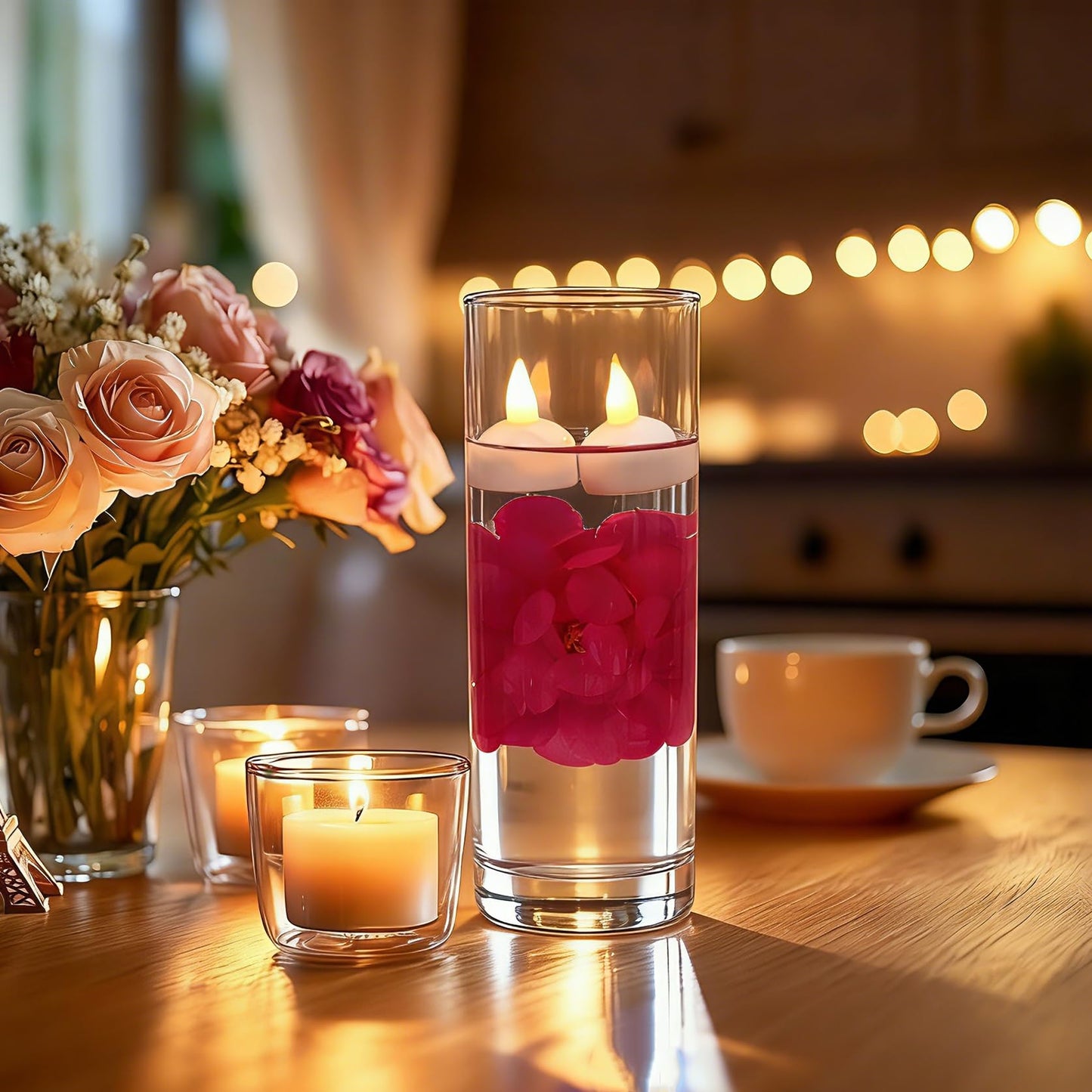 Qazcnd 24 Pack Flameless Led Floating Candles and Floating Artificial Flower Battery Operated Waterproof Tea Lights for Cylinder Vases Centerpieces at Wedding, Party, Pool Decor Rosered