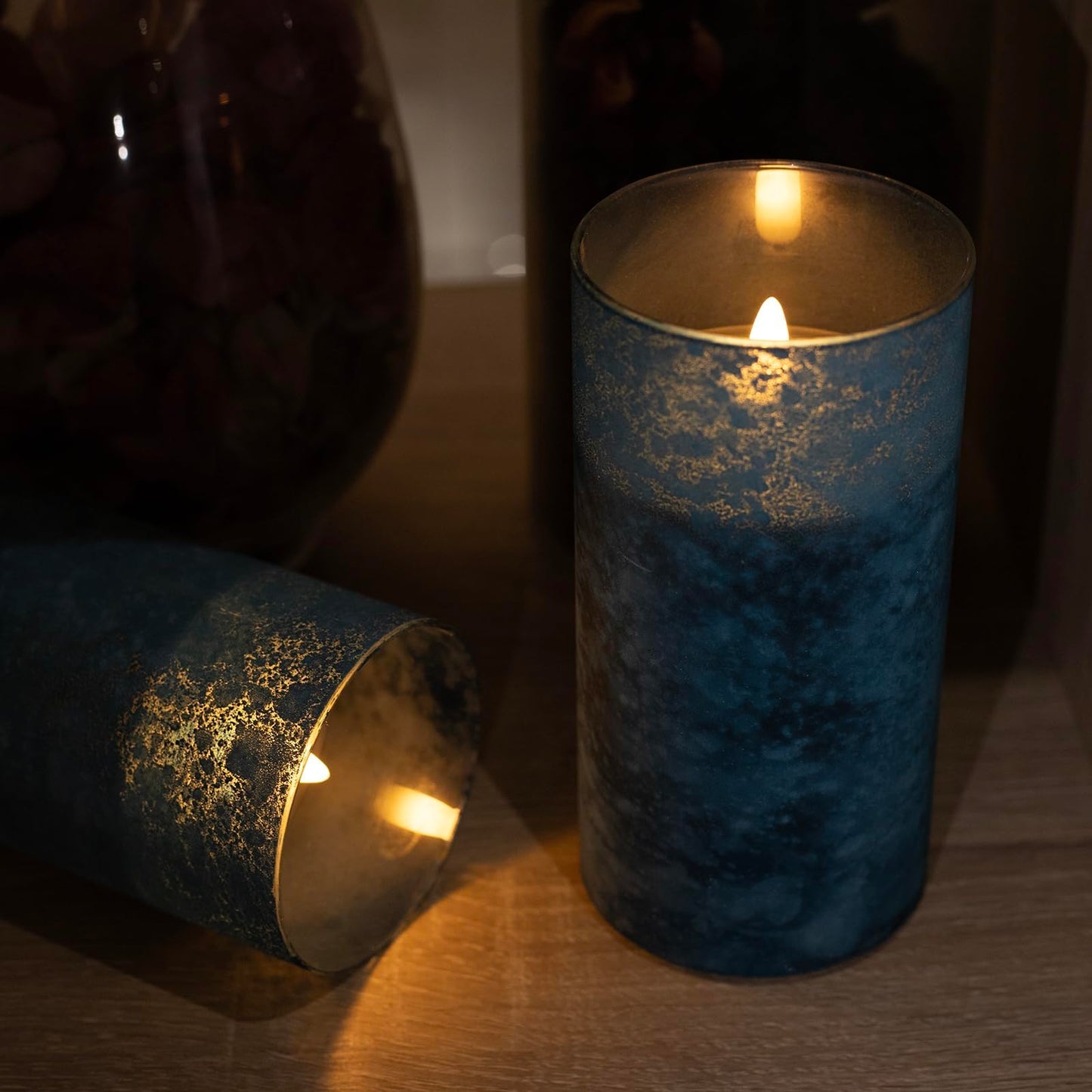 Blue Flameless Candles Set of 3, Sandblasted Glass LED Pillar Candles with Remote, Battery Operated Flickering Candles for Coastal Home Decor, Party Bathroom Holiday Birthday Wedding Decoration