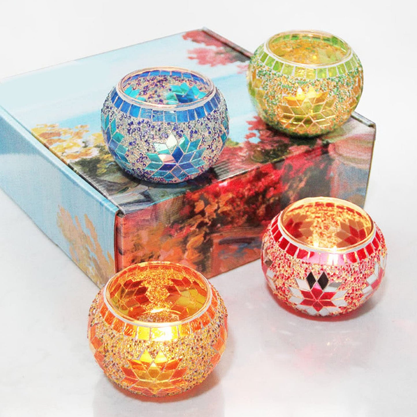XHTLLO 4pcs Mosaic Glass Candle Holder, Hand Made Glass Candle Holder, Colourful Romantic Glass Pillar Candle Stands, for Home Bar Dinner