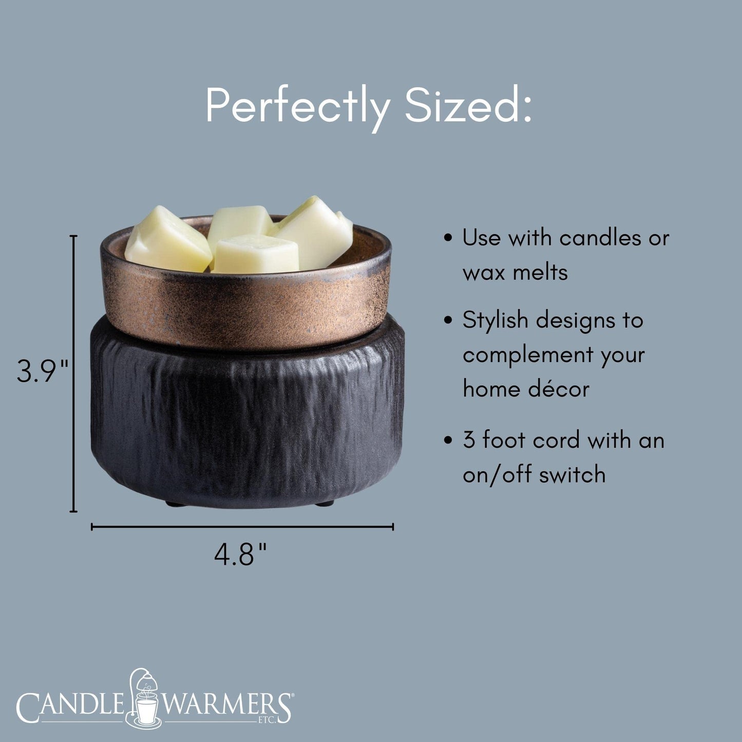 Candle Warmers ETC 2-in-1 Candle and Fragrance Warmer for Warming Scented Candles or Wax Melts and Tarts with to Freshen Room, Primitive Black and Bronze