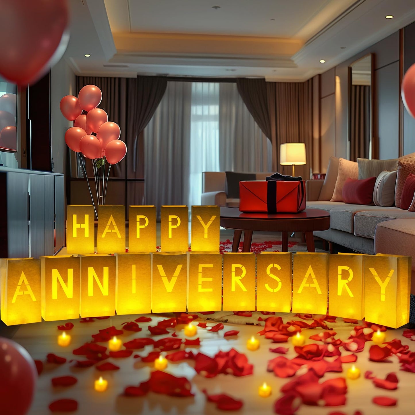 Homemory Happy Anniversary Decoration Light Up Letters with Flameless Candles and 2000 Fake Rose Petals, Valentine's Day Luminary Bags Happy Anniversary Banner Sign Romantic Party Decor for Wedding