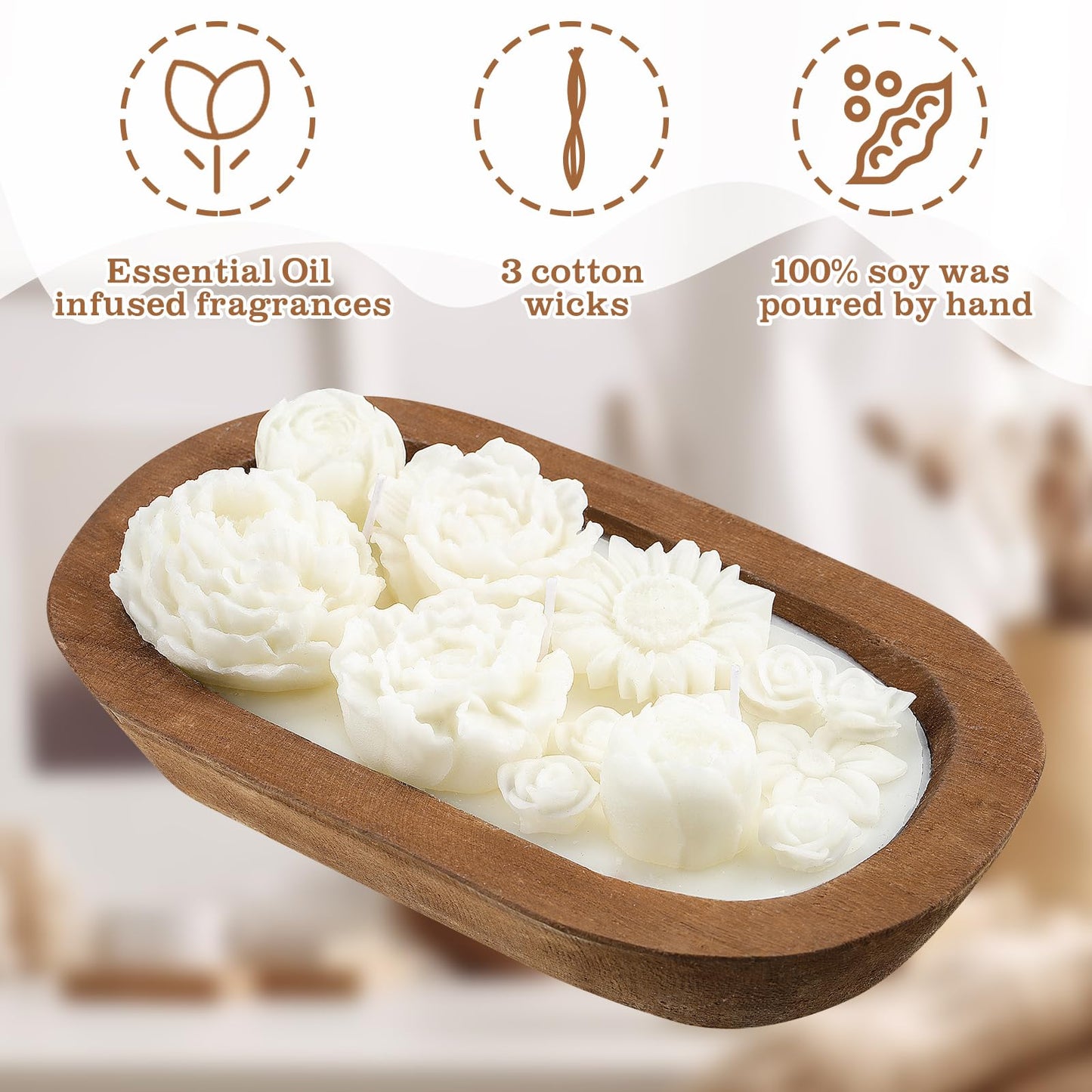 Siifert Wooden Dough Bowl Candle 3 Essential 20 Ounce Natural Soy Oil Wick Candle Wax Melts Rustic Farmhouse Decor Gifts for Women and Men(Flowers)