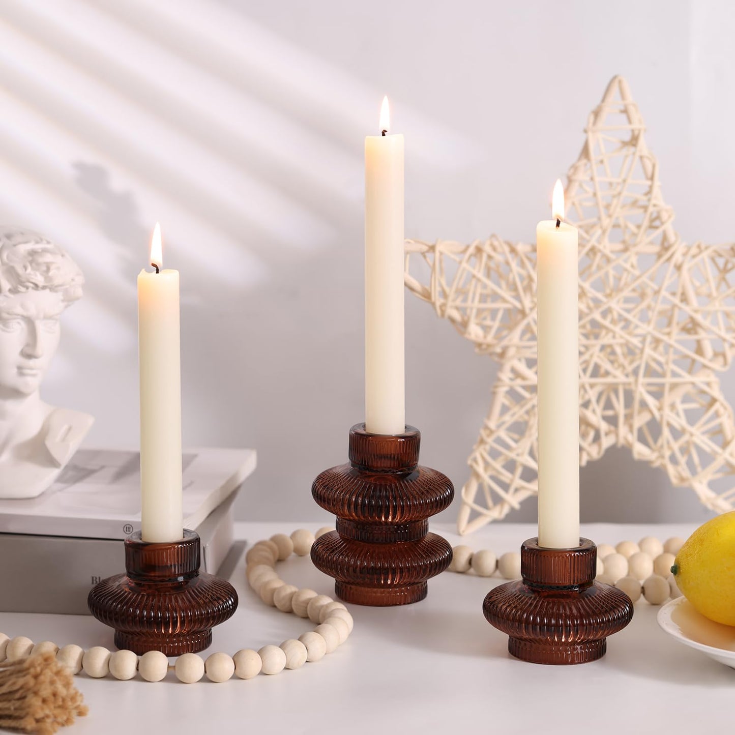 Taper Glass Candlestick Holders Tealight Candle Holders for Table Centerpieces, Fall Wedding Decor and Dinner Party Thanksgiving Christmas Decor (8 Pcs, Brown)