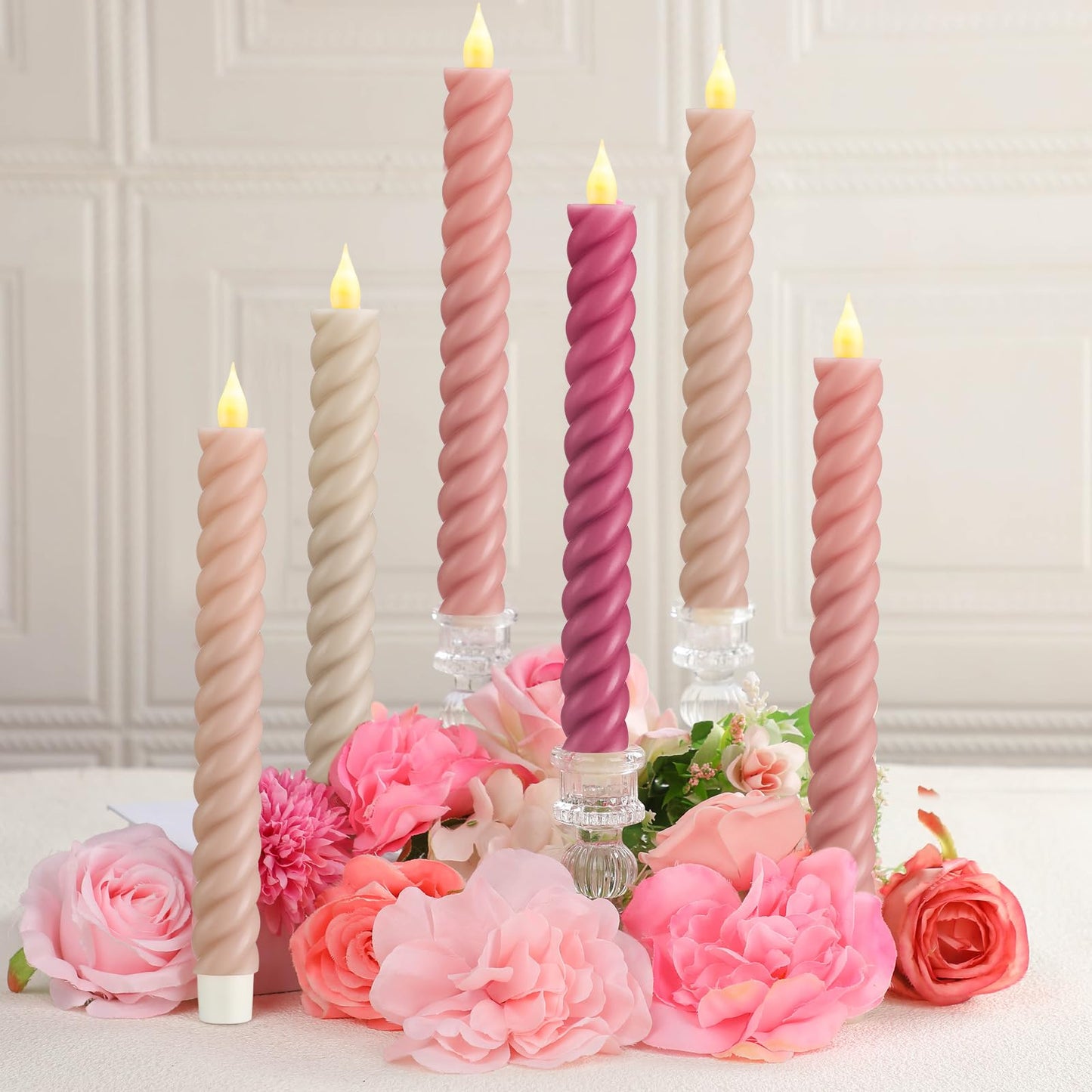 Baquler 6 Pcs Pastel Pink Flameless Taper Candle Twisted LED 9.65 Inch Taper Candles Battery Operated Spiral Candlesticks for Valentine Wedding Birthday Home Party Holiday Dinner Fireplace