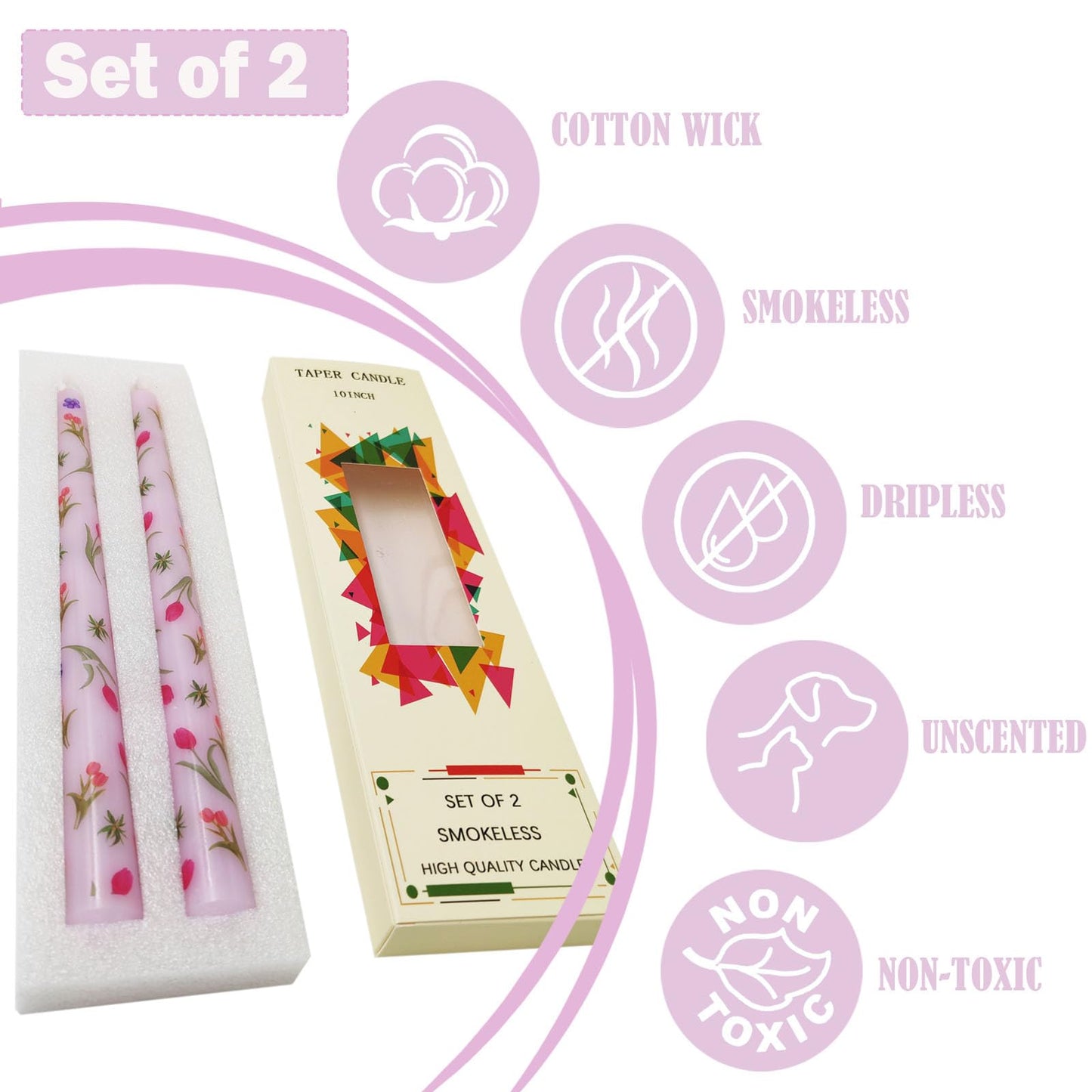 FYBW 10 Inch Purple Taper Candles Set of 2 Unscented Smokeless Tall Print Tapered Candles with Tulip Flowers for Mother's Day, Weddings Holiday Parties