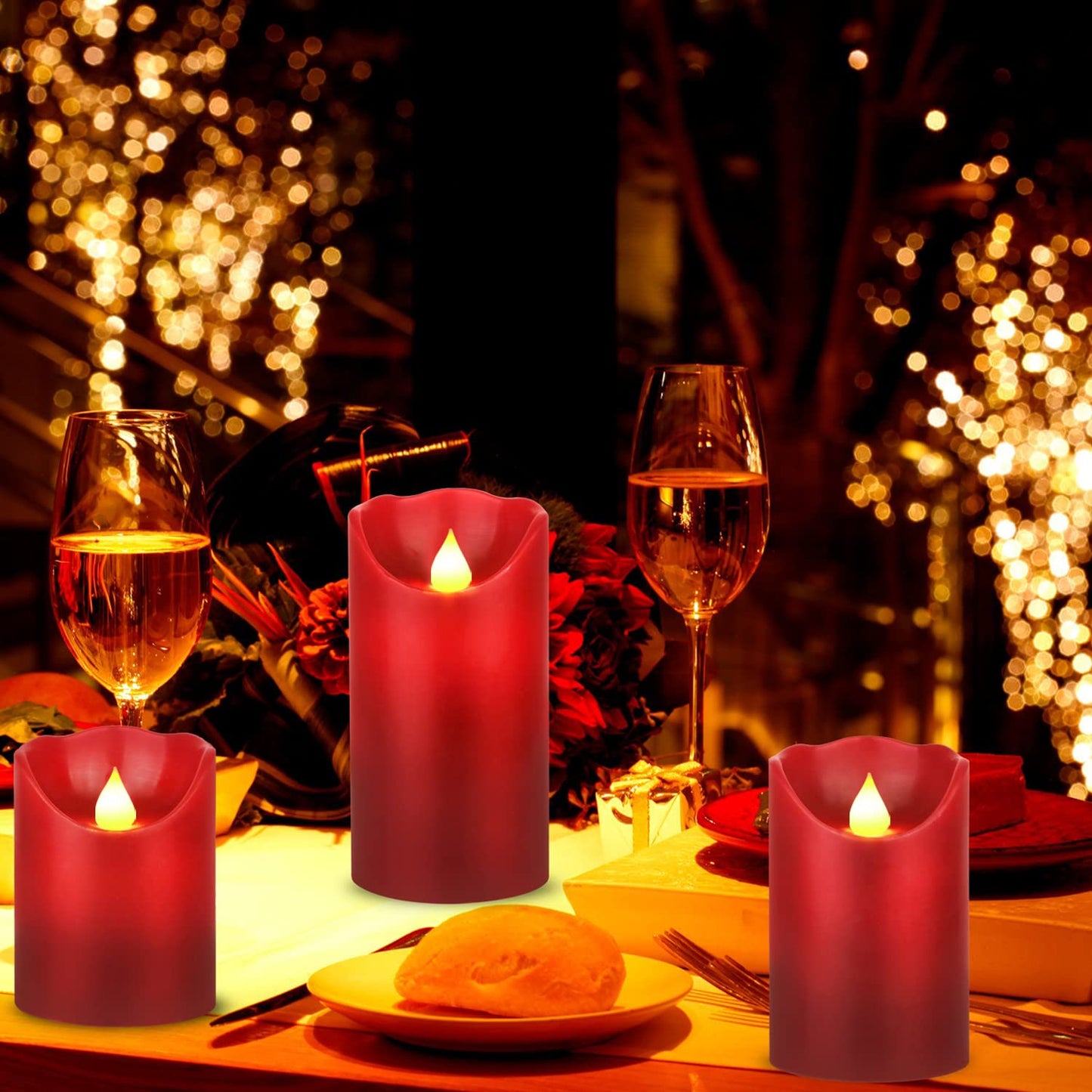 JUNPEI LED Candles, Battery Flickering Candles, Set of 3 Red Real Wax,300+ Hour Decorating Pillars Candles, with10 Buttons Remote Control with 24 Hour Timer Function for Decoration Christmas