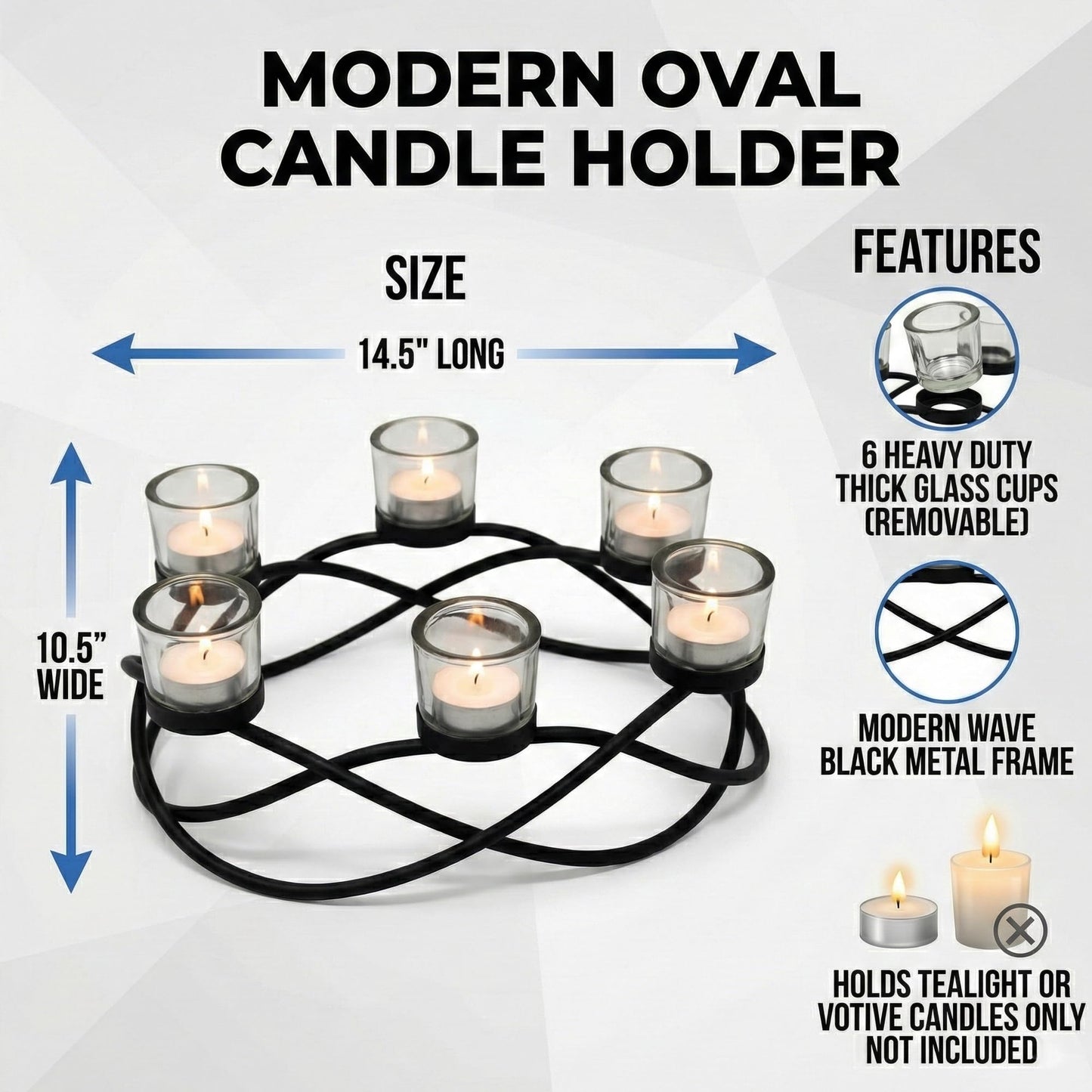 Seraphic Centerpieces for Table Decorations - Oval Candle Holders for Outdoor Patio, Dining, Kitchen, Coffee & Wedding Table Decor, Black Iron Candelabra, 6 Thick Clear Glass Tealight Cups