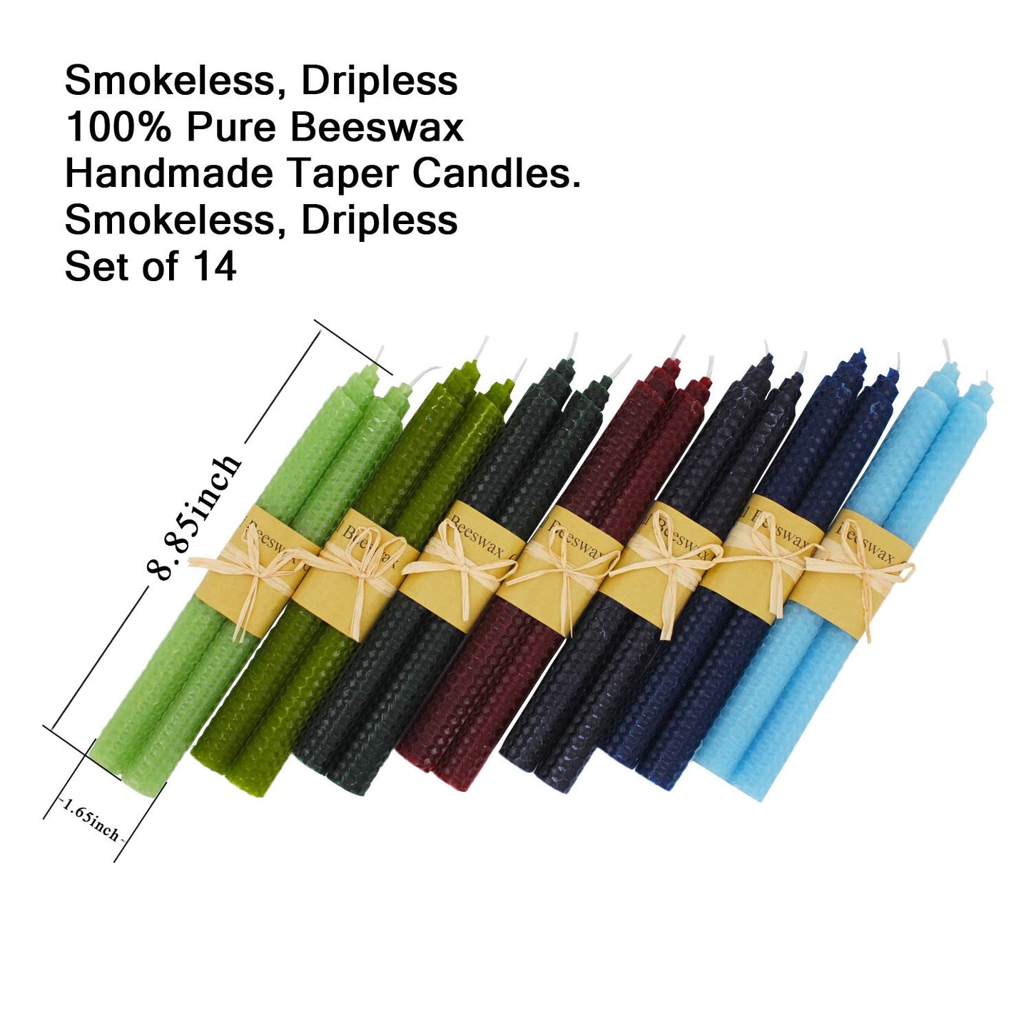 7 Pairs 100% Pure Beeswax Handmade Taper Candles, 9 Inch Smokeless Dripless Wax Candles, Beeswax Candle for Home Gift Ideas - Cool Color Set