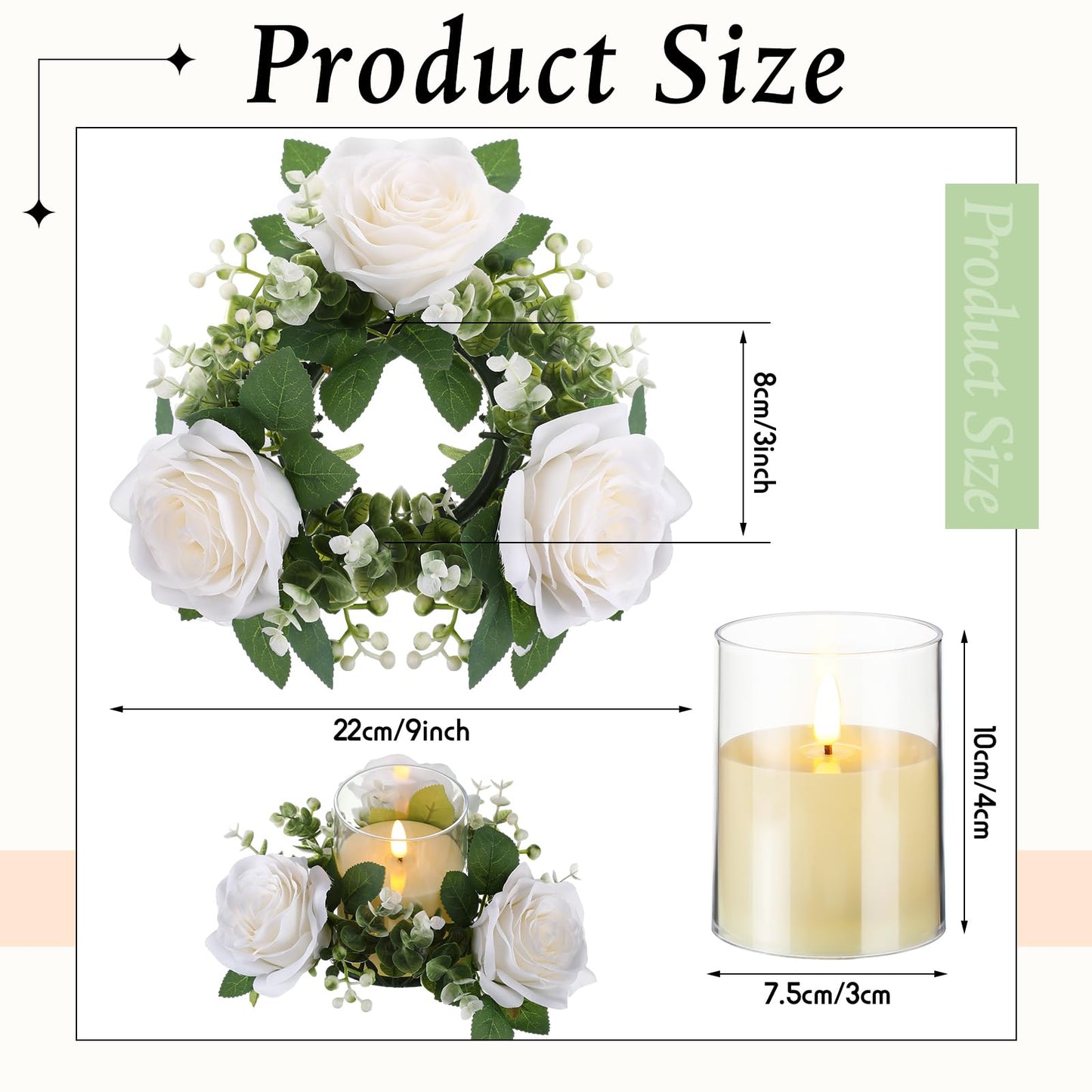 Yunlly 12 Pcs Rose Candle Rings with Flameless Candles Sets, Artificial Flower Eucalyptus Wedding Centerpiece 3 Inch Pillar Candleholders Wreaths for Wedding Party Mother's Day (White)