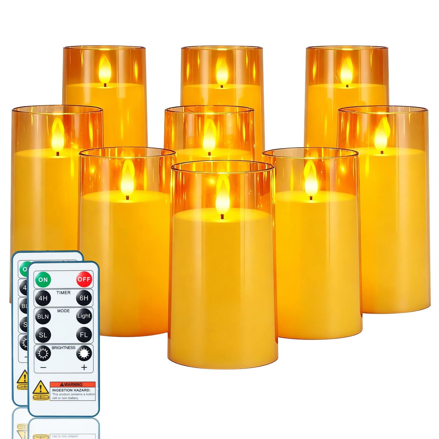 Homemory Amber Flickering Flameless Candles, Battery Operated Acrylic LED Pillar Candles with Remote Control and Timer, Fall Candles, Set of 9