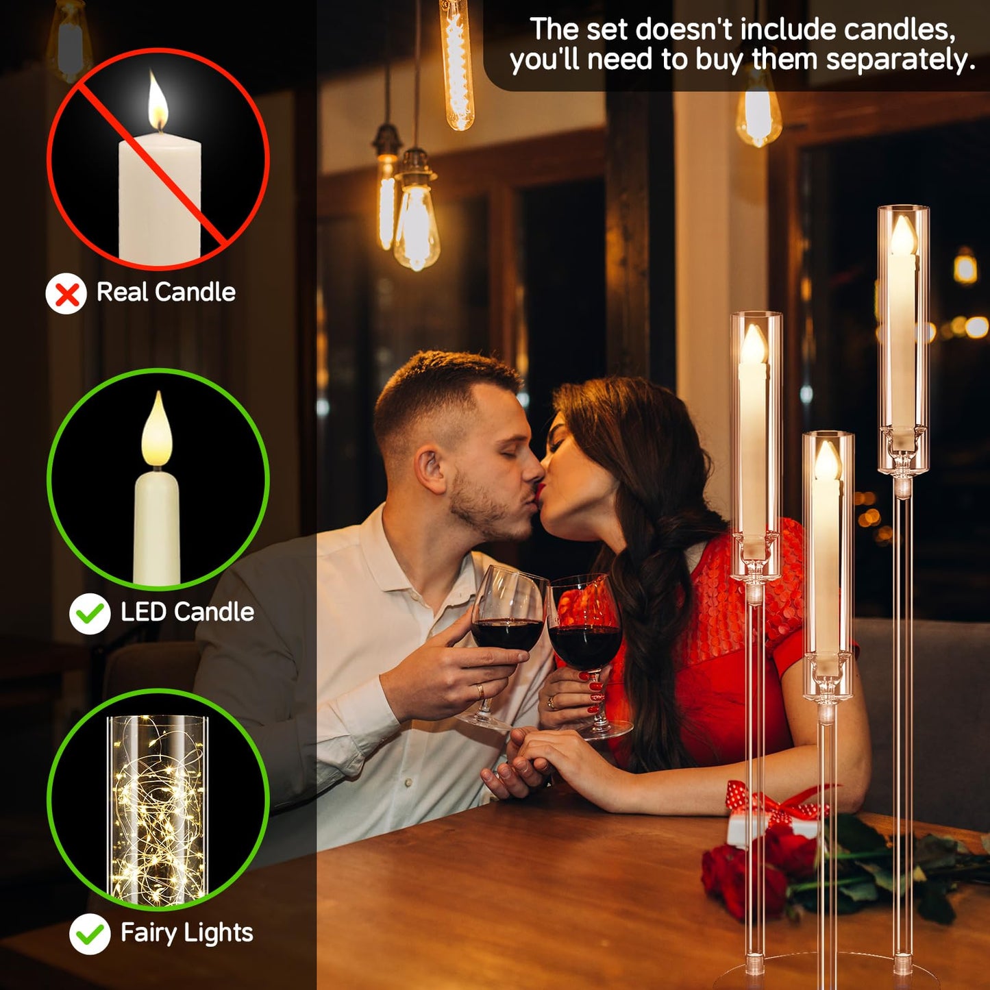 6 Set 3 Arms Acrylic Candelabra Centerpieces for Wedding Table Decorations,30.7" Clear Candlesticks Holder with Acrylic Shade for Valentine's Day Dinner Party Fireplace Decor Fit LED Candle