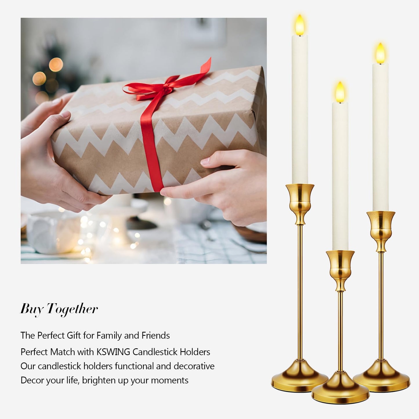KSWING 2 PCS Upgraded Real Wax LED Flameless Taper Candles with Remote, White Candlesticks Battery Operated Flickering - 9.6” Long Realistic Fake Candle Sticks for Home/Wedding/Fireplace Xmas Decor