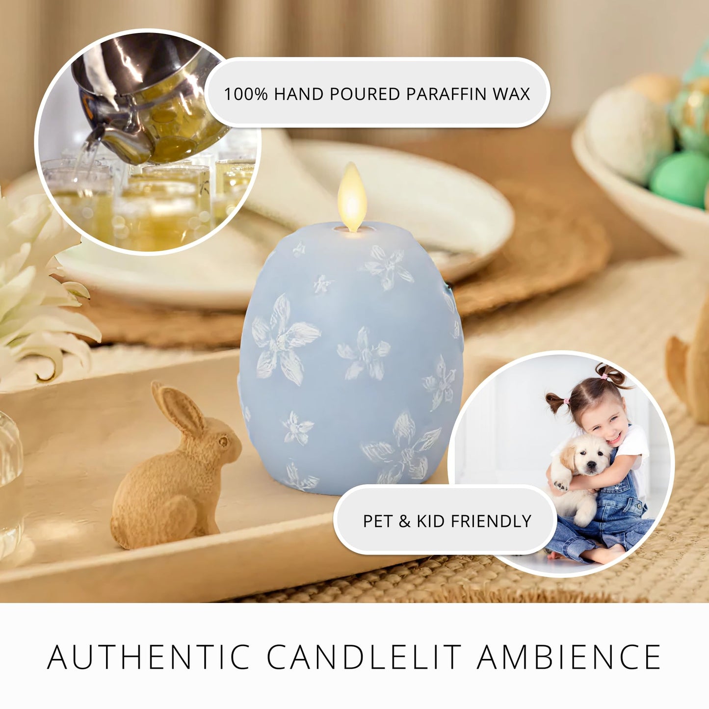 Luminara Flameless Candle Crystal Beads Glitter Sphere, Unscented Real Wax LED Candle, Timer, Holiday Decoration Centerpiece (Cashmere Blue Floral)