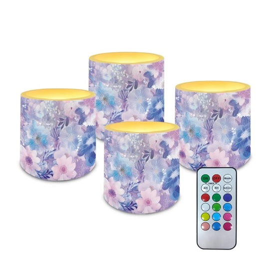 Cozeyat Purple Floral Flameless Candles 4 Pack Battery Operated with Remote Control Timer LED Pillar Candles Waterproof for Indoor Outdoor Home
