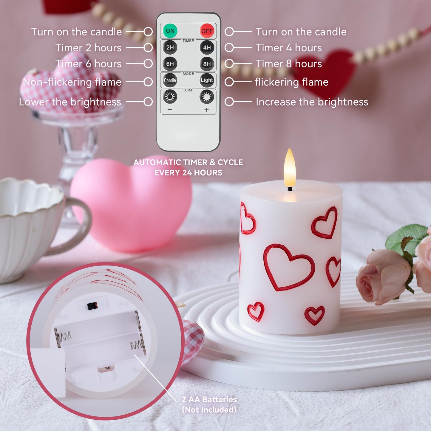 AFINETH Valentines Day Heart Candles, Real Wax Flameless Pillar Candles with Remote, Real Wax Flickering LED Pillar Candles Valentine's Day Candles Gifts for Her Him Wife Mom Home Party Decor, 3 Pack