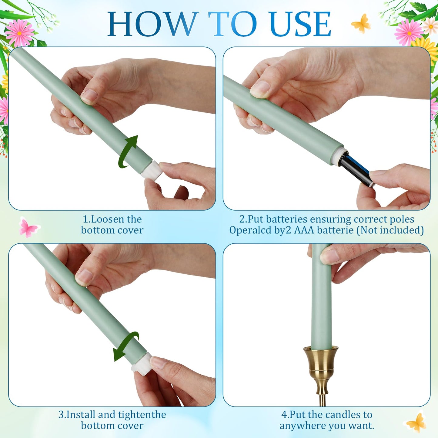 Macarrie 24 Packs Flameless Taper Candles Battery Operated Fake 11 Inch Long Candlelight LED Flameless Candlesticks Flickering Tapered for Spring Summer Wedding(Spring Wedding)