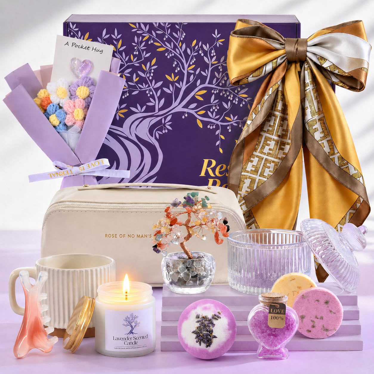 Dotio Gifts for Women, 12PCS Gift Basket, Tree of Life Crystal Decor, Self Care Gift Set with Silk Scarf, Glass Jar & Candle, Birthday Gift, Graduation & Best Friend Gifts, Care Package