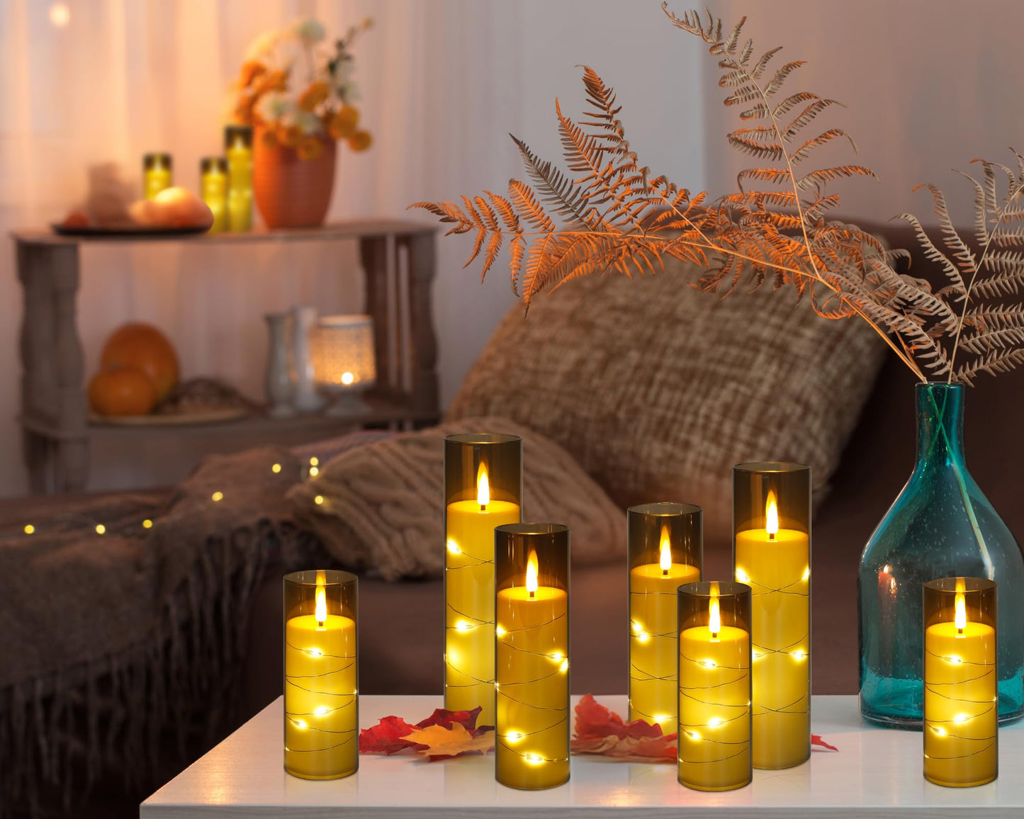 Enido Flameless LED Candles with Remote & Timer, Battery Operated Acrylic Pillar Set, 10 Pc Flickering Electric Lights with Embedded Star String for Cozy Home & Holiday Romantic Decor (Matte Grey)