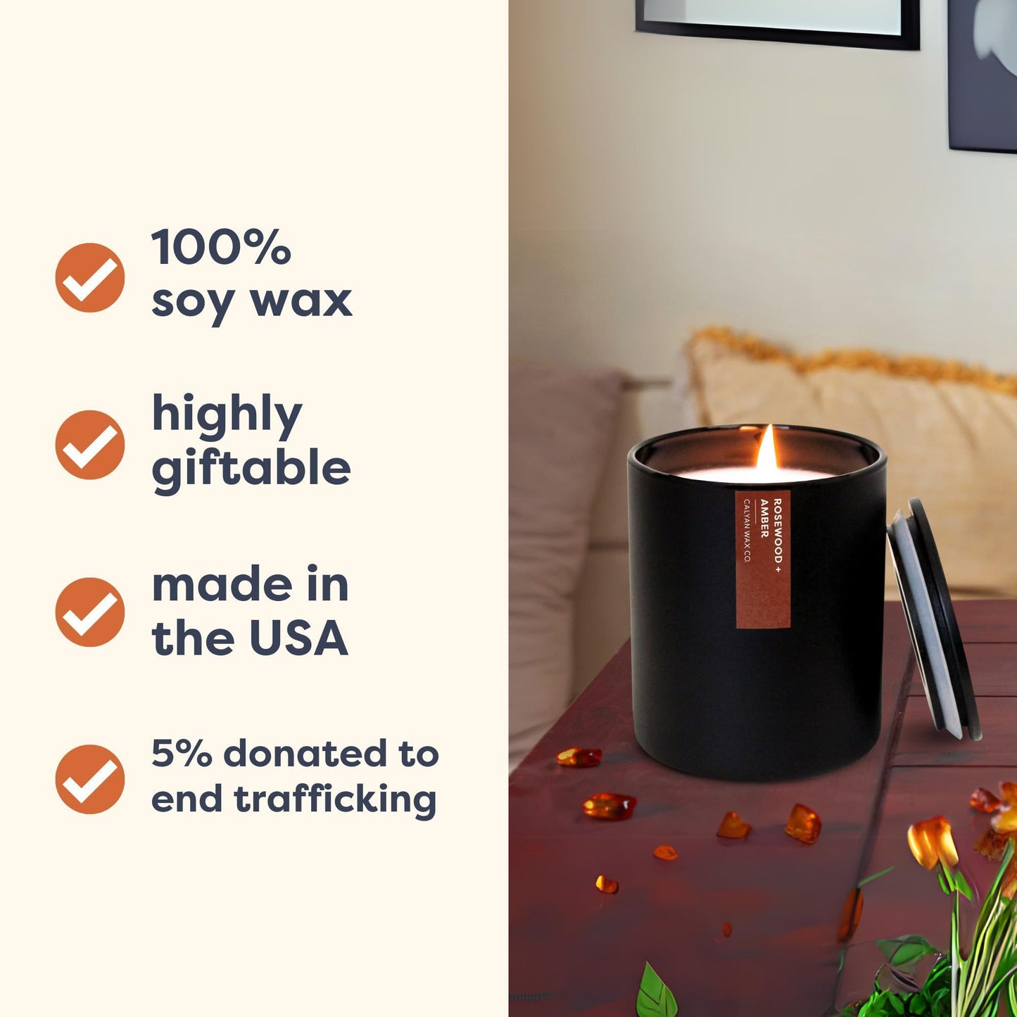 Calyan Wax Co. Rosewood & Amber Scented Candle - 75 Hour Burn - Luxury Clean Soy Wax Candles - Long Lasting Black Tumbler Jar Candle for Home - 10.2oz