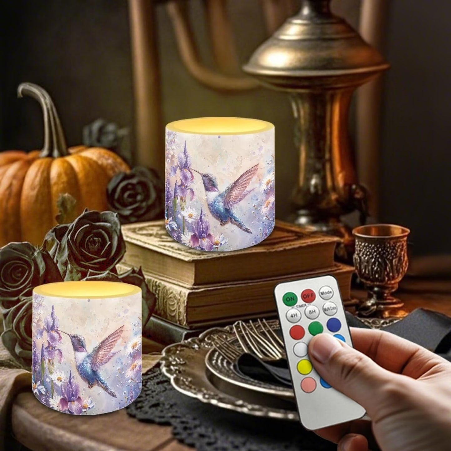 Cozeyat Bird Bloom Flameless Candles 4 Pack Battery Operated LED Pillar Candles with Remote Control Timer Waterproof for Indoor Outdoor Use