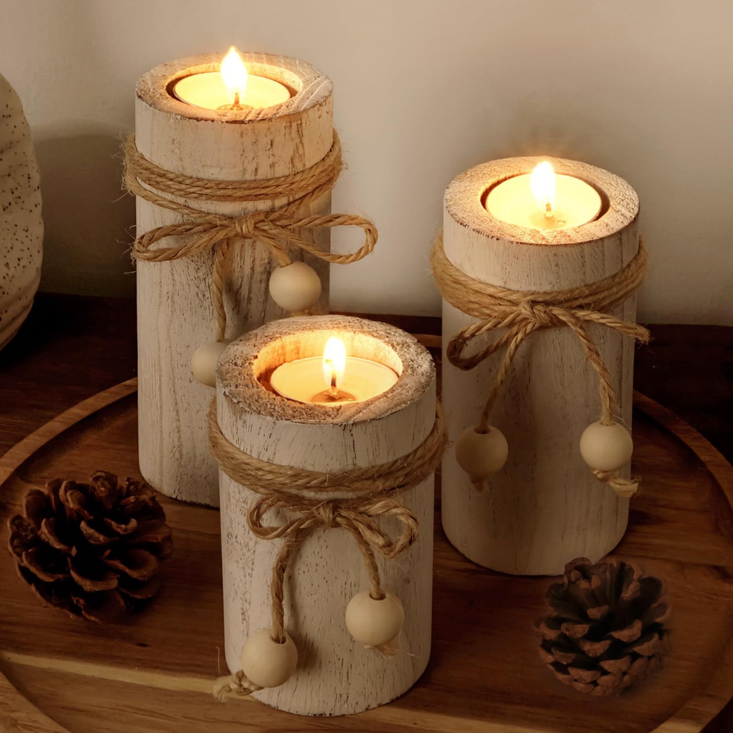 MelonBoat White Pillar Candle Holder:Farmhouse Candle Holders with Battery Operated Candles, Farmhouse Decor with Flameless LED Candles, Wood Centerpieces for Table 3-Pack for Holiday Party Home Decor
