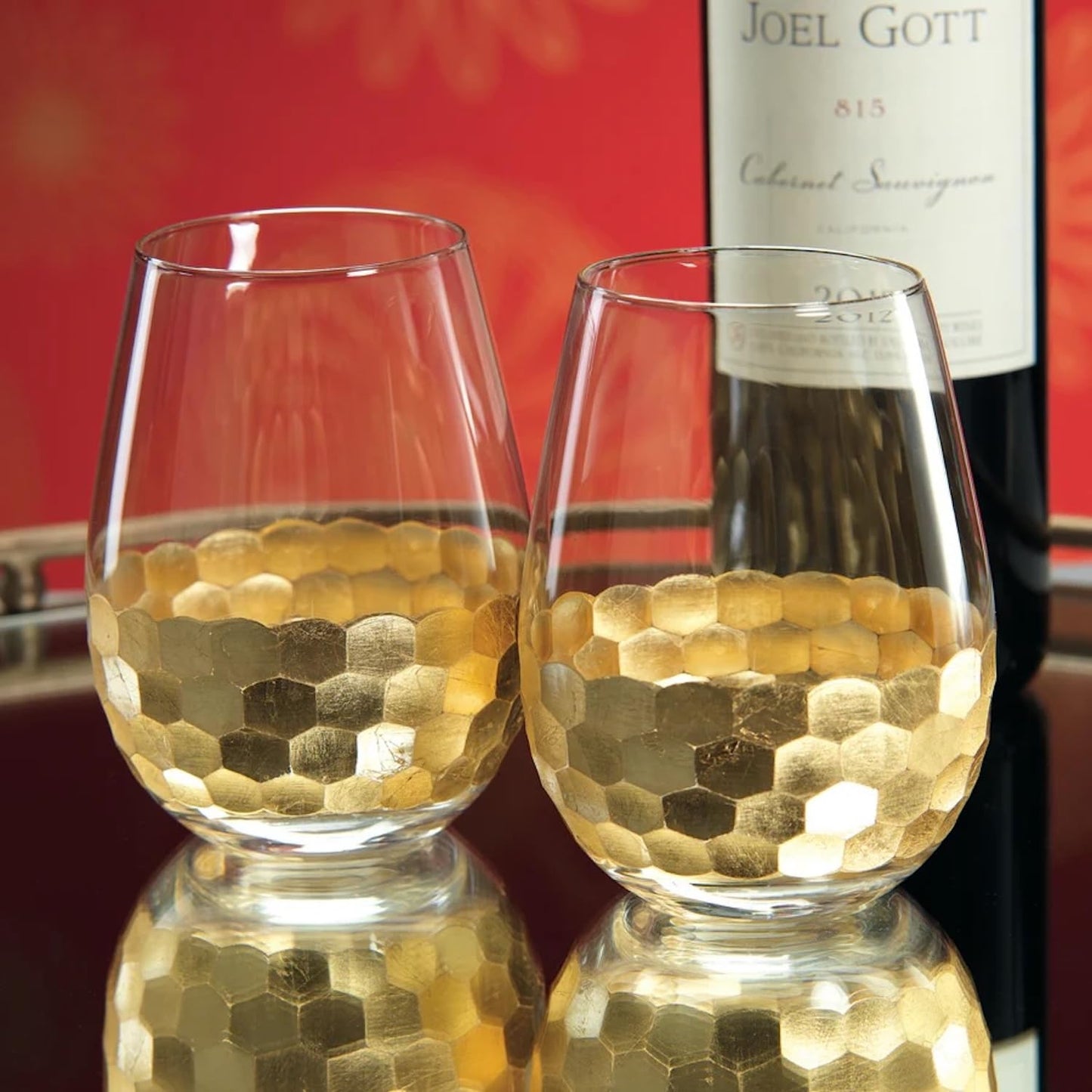 Zodax Fez Cut Stemless Glasses with Gold Leaf | Set of 6 (Wine or All Purpose)