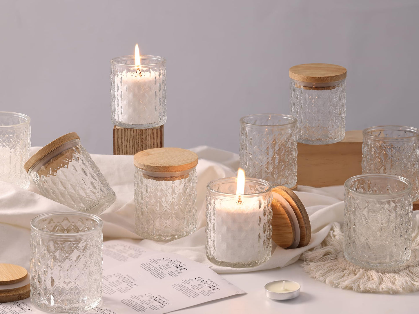 NITIME 15pcs 7.5oz Candle jars for Making Candles, Clear Glass Candle Vessels With Bamboo Lids and Sticky Labels, Containers and Candle Making Supplies