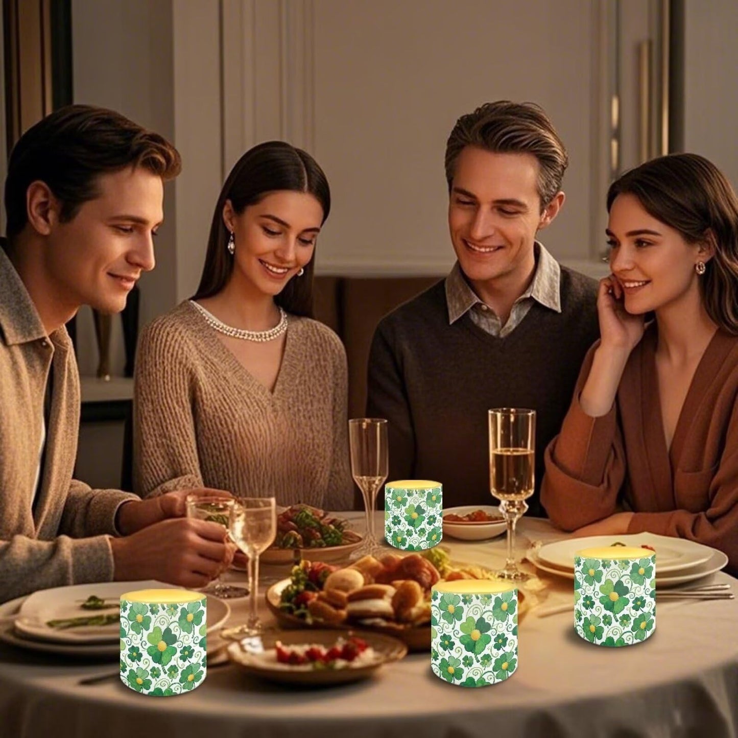Merkmak 4Pcs LED Candles Bulk Stylish Shamrocks Flickering Flameless Candles with Remote and Timer Battery Operated Pillar Tea Lights for Indoor Outdoor St Paddy's Day Party Decoration