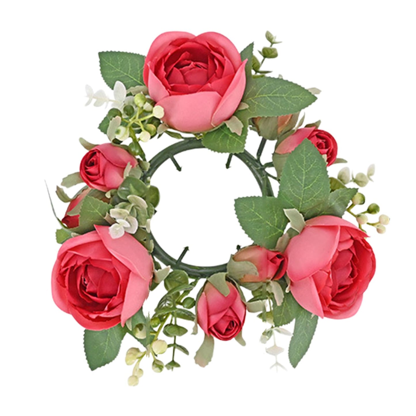 Artificial Rose Candle Rings Wreath Mini Floral Wreaths Pillar Candle Holder with Blooming Flowers and Green Leaves for Wedding Party Home Table Centerpieces Decor (Hot Pink)