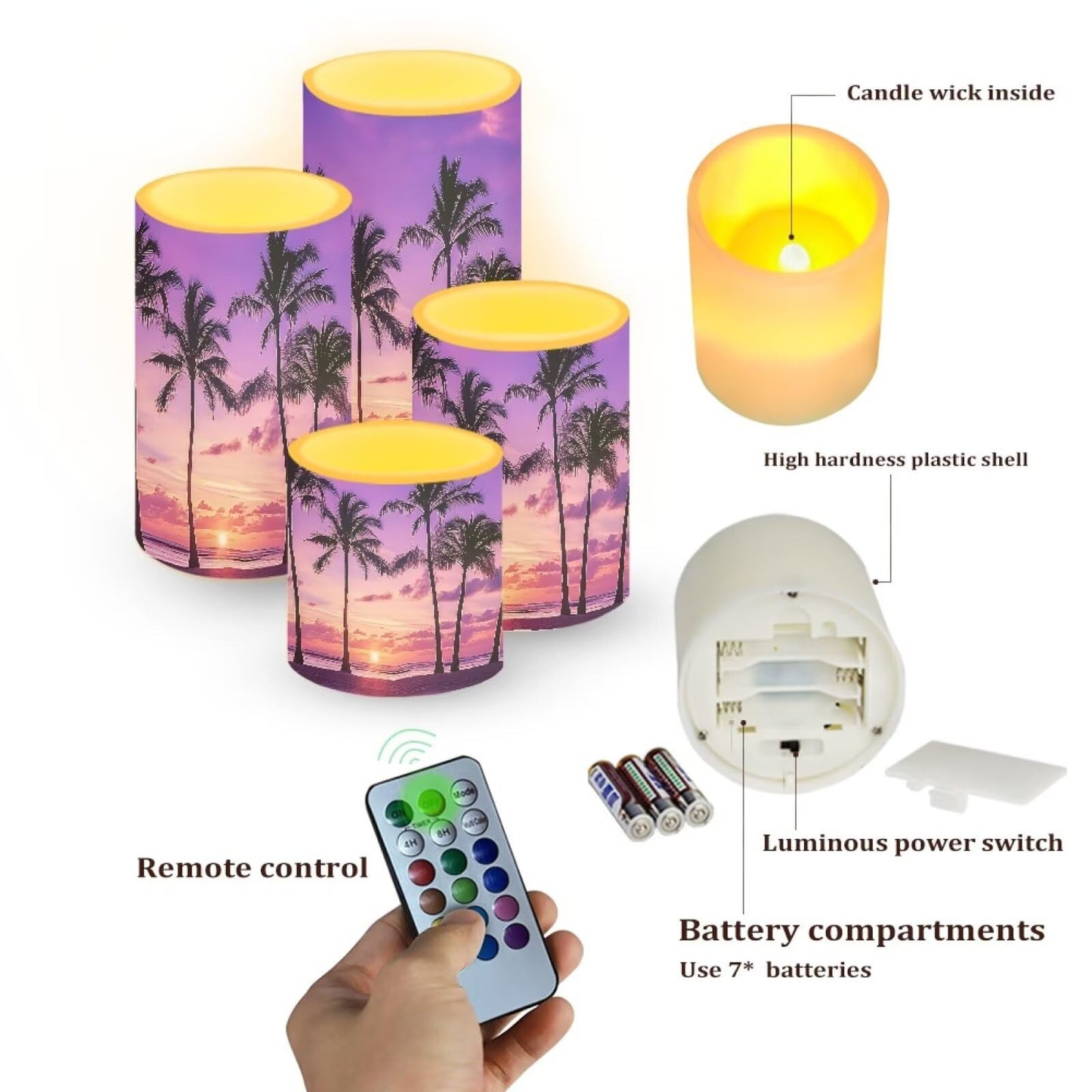 Merkmak Coconut Tree Battery Operated Candles with Timer 4 Pack Flameless Candles with Remote Outdoor Porch LED Lamp for Beach Wedding Coastal Home Decorations