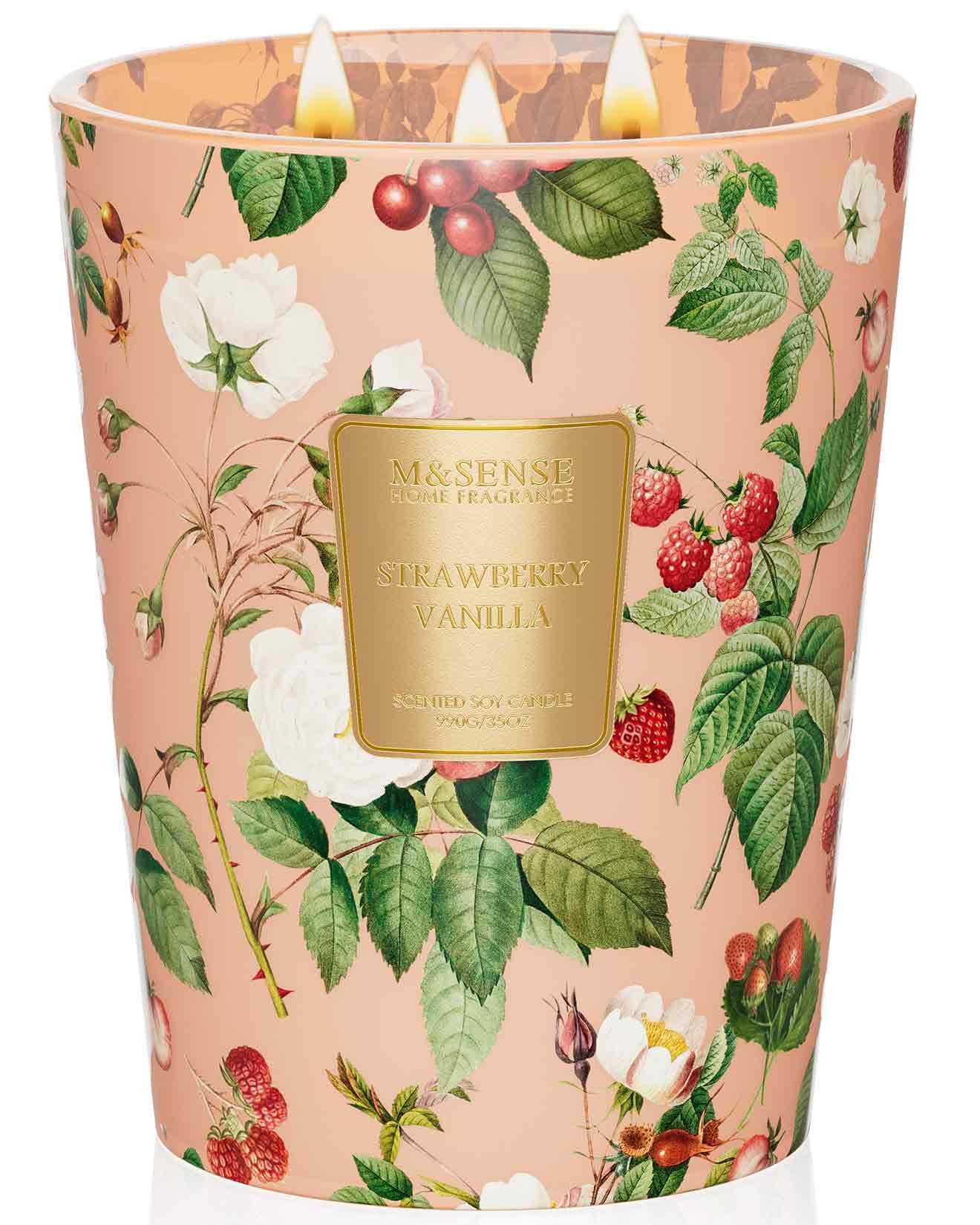 M&SENSE Strawberry Vanilla Soy Large Candles, 3-Wick 35oz 150H Long Lasting, Sweet Fruity Romantic Scent, Gift for Women