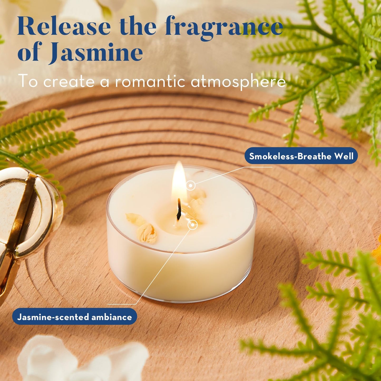 Crenovo Jasmine Scented Tealight Candles with Dried Flowers, 4 Hours Non-Toxic Tea Lights, 100% Soy Wax Candles Bulk for Wedding, Spa, Bath, and Home Decor, 16 Pack