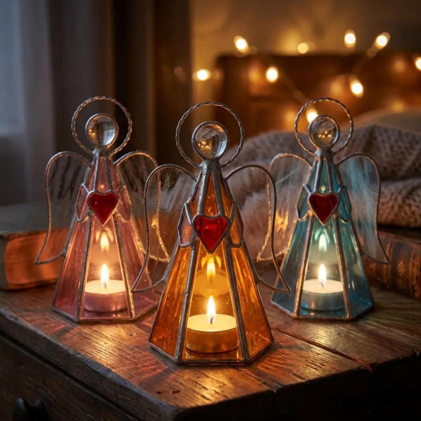 Guardian Angel Stained Glass Candle Holder Sunlight by Day, Warm Glow by Night, Meditation Room & Gift Home Decor Ornament, Available in Pink, Blue, and Yellow, 5.9" x 3.9"