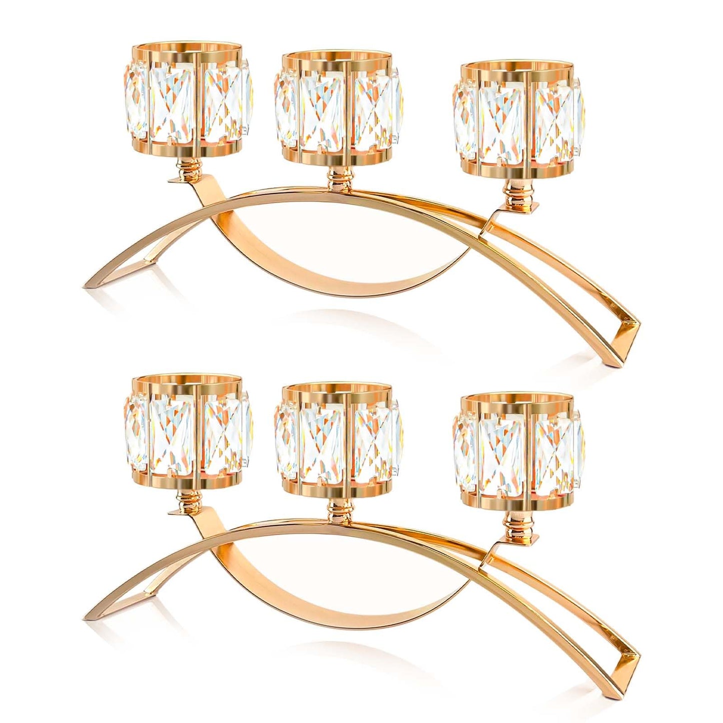 KEHAIL 3 Arms Crystal Candle Holders, Arch Candlestick Table Candelabras Centerpieces for Wedding, Dinning Room, Cabinet Ornaments, Home Decoration， Gift (Gold, 2 Pcs-3 Arm Arched)