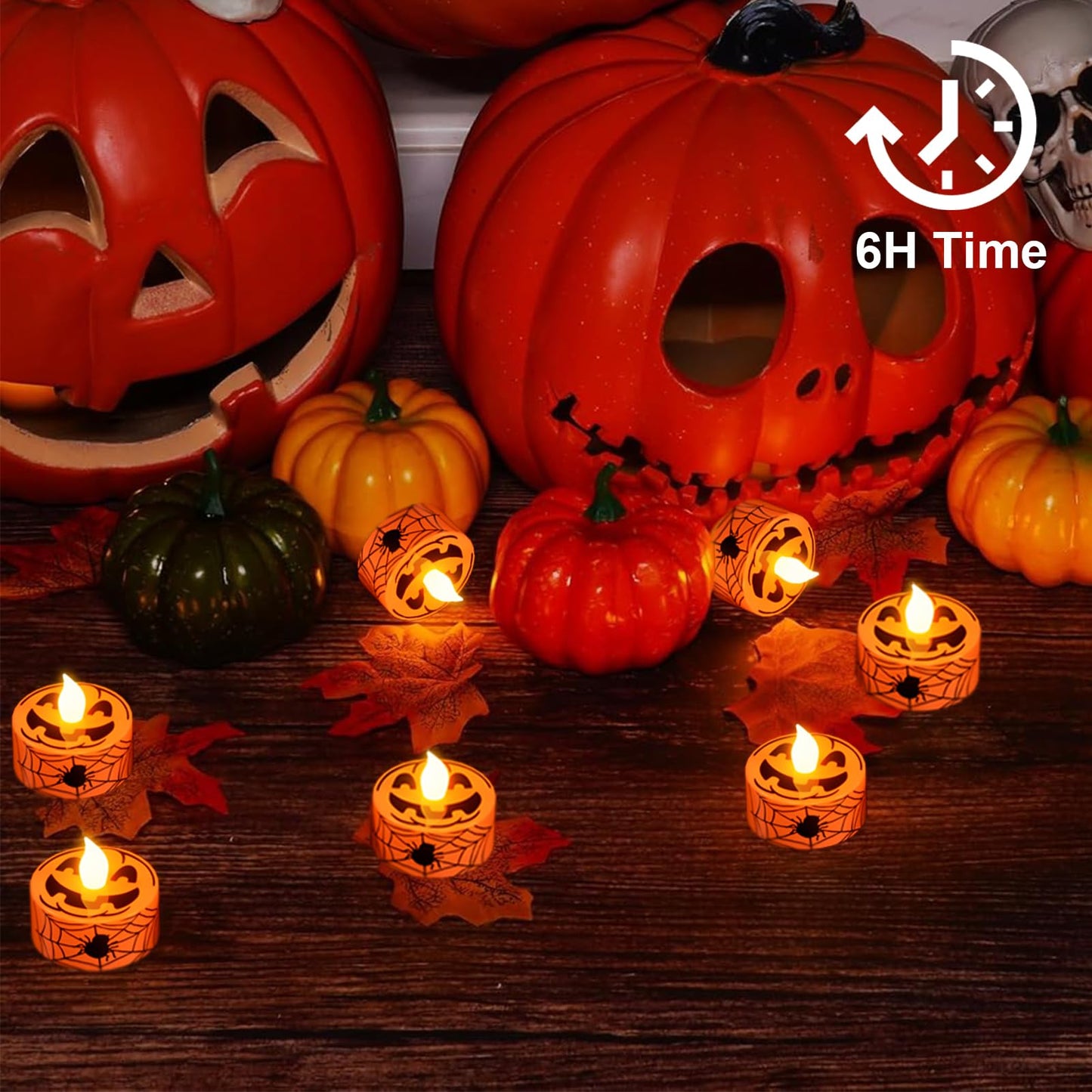 GenSwin Halloween Tealights Candles Battery Operated, 12 Pack Tea Lights Flameless Candles with Timer, Orange LED Votive Flickering Candles with Pumpkin Face and Spiderweb Prints for Halloween Decor