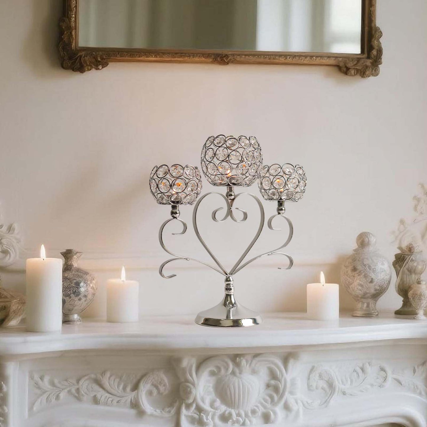Kehail 6 Pcs Silver 3-Arm Heart Tea Light Candle Holder - Crystal & Metal Wedding Centerpiece Decor, Sparkling Table Decor for Anniversaries/Romantic Tabletop Home/Dinner Party/Events