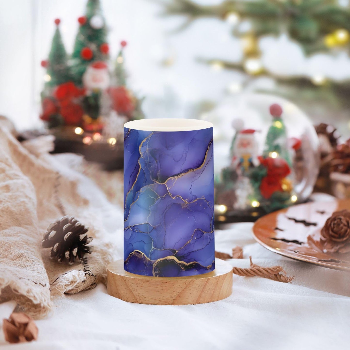 zyrtty 2 Pack Plastic Flameless Candles Gold Blue Purple Wild Marble Battery Operated with Remote and Timer Real Wax LED Flickering Pillar Candles Set Window Christmas Holiday Decor