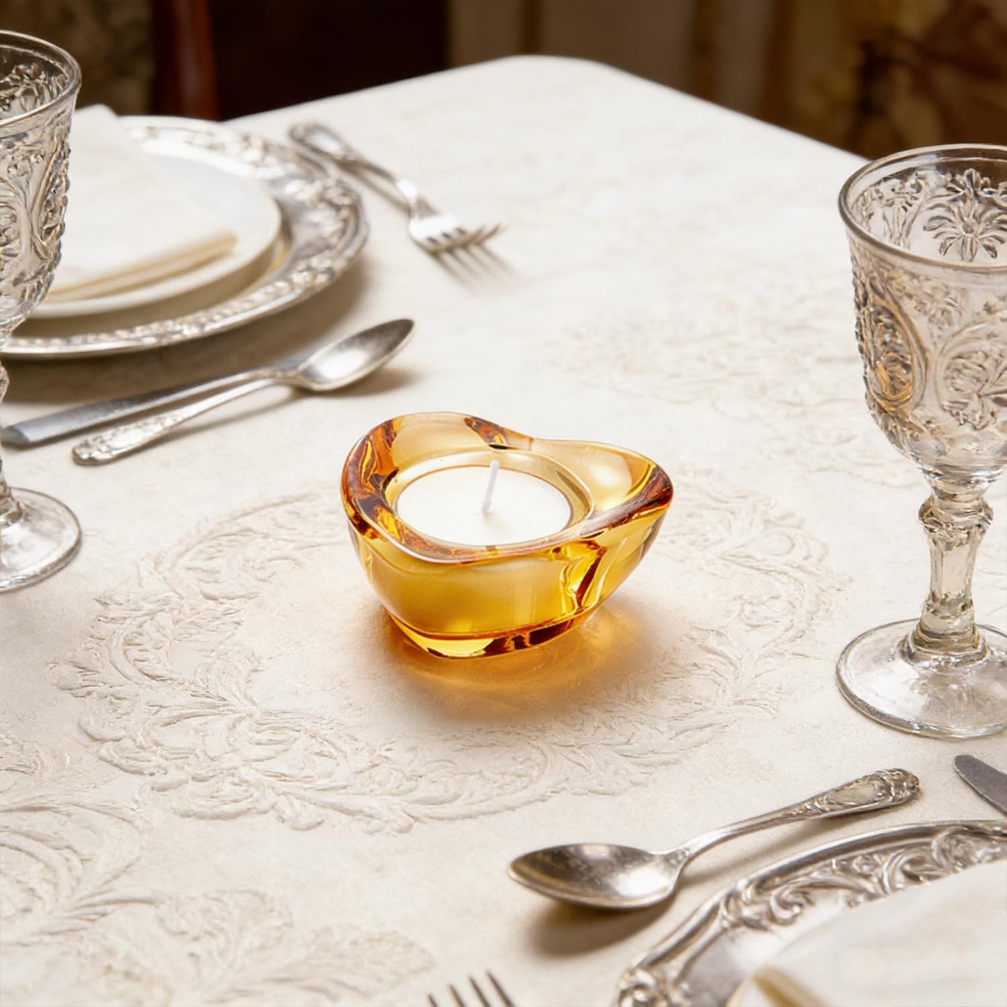Elivia Gold Tealight Candle Holders - Set of 12, Heart-Shaped Chunky Glass Candle Holder, 2.9" Diameter - CH02 - Rusty Orange