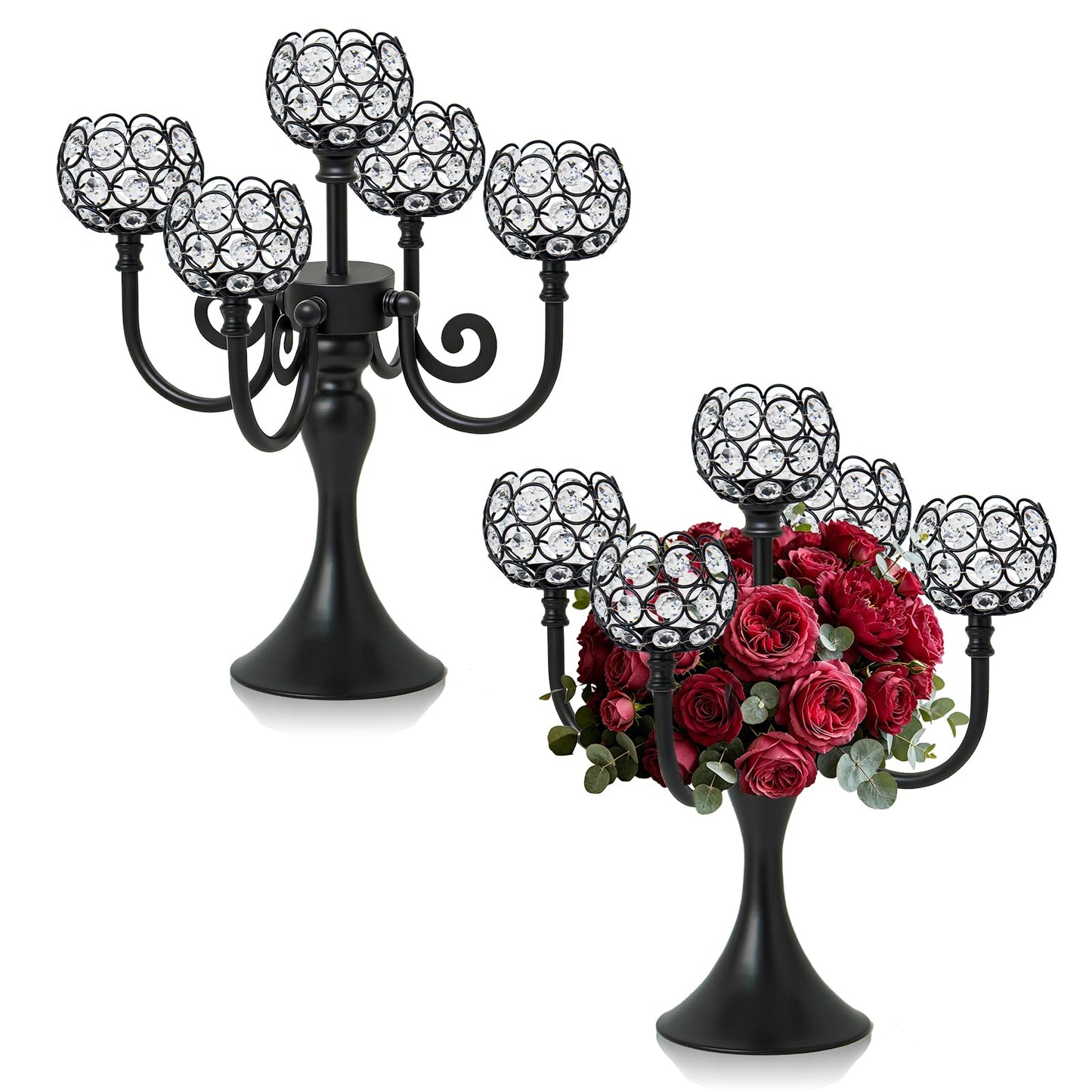 5 Arm Metal Crystal Candelabra Centerpiece - 13.4 Inch Elegant Candle Holder with Crystal Beads for Wedding Party Christmas Home Dining Table Decoration (2, Black)