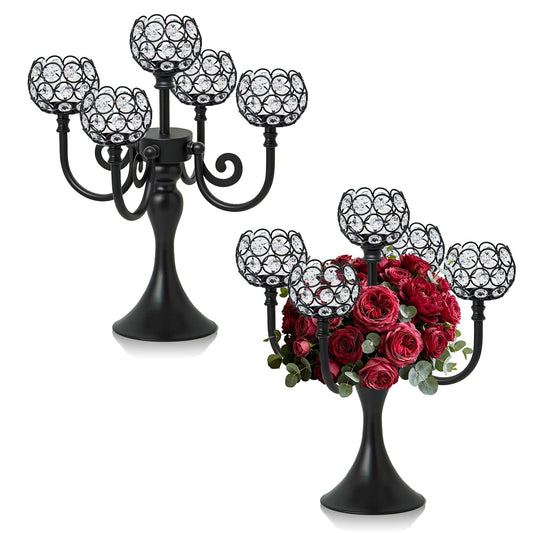 5 Arm Metal Crystal Candelabra Centerpiece - 13.4 Inch Elegant Candle Holder with Crystal Beads for Wedding Party Christmas Home Dining Table Decoration (2, Black)
