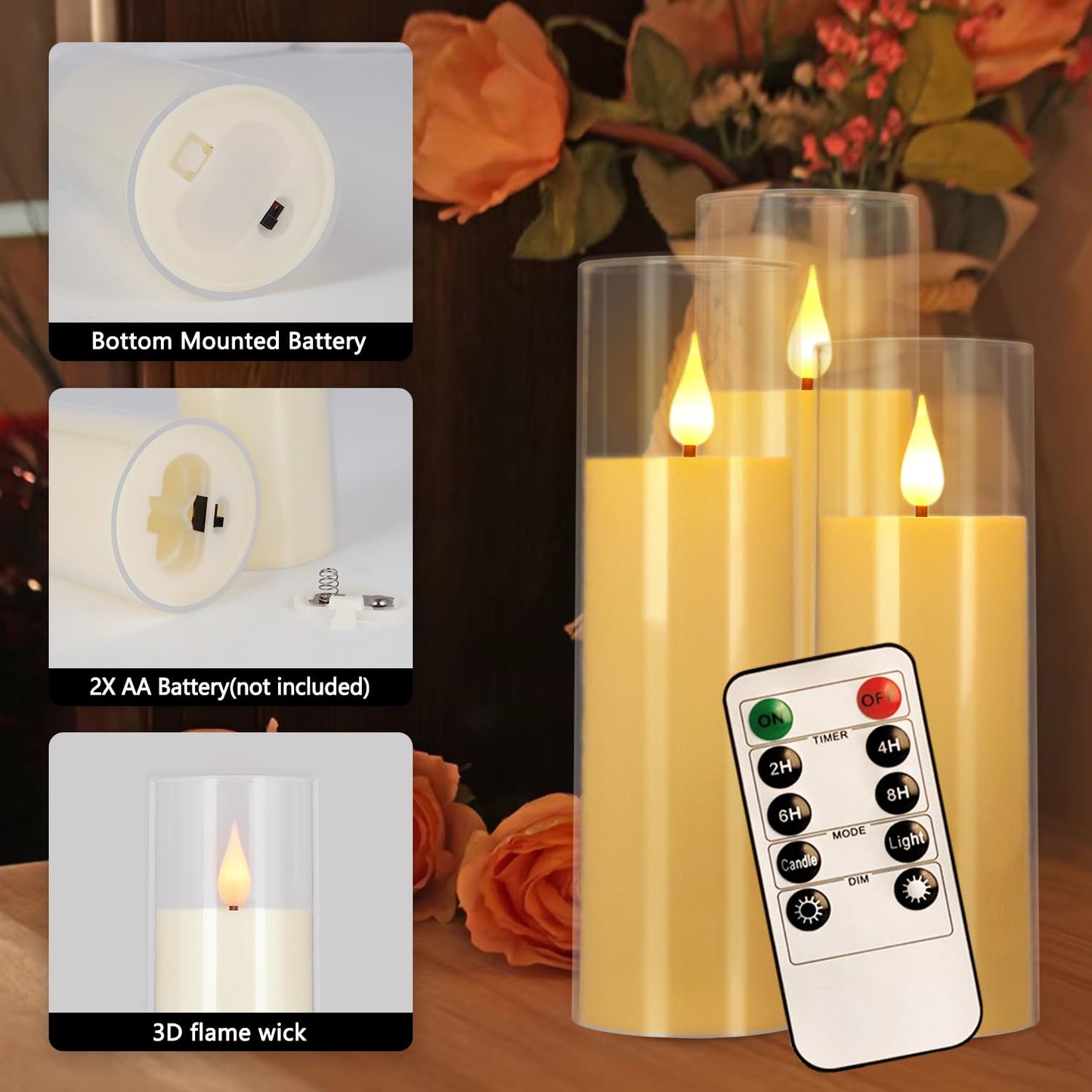 fclayvts 12 Packs of Acrylic LED Candles, Flickering Flameless Candles Battery Operated with Remote Dimmed and Timed, 3D Wick Candles for Home Decor,Wedding,Gift，Parties and Festivals. (3 Size Ivory)