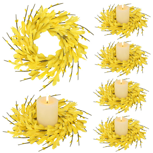 6 PCS Spring Forsythia Wreath Candle Rings Artificial Forsythia Farmhouse Candle Rings Pillar Holder Wreath Mini Spring Summer Floral Candle Rings for Rustic Wedding Home Table Centerpiece Decor