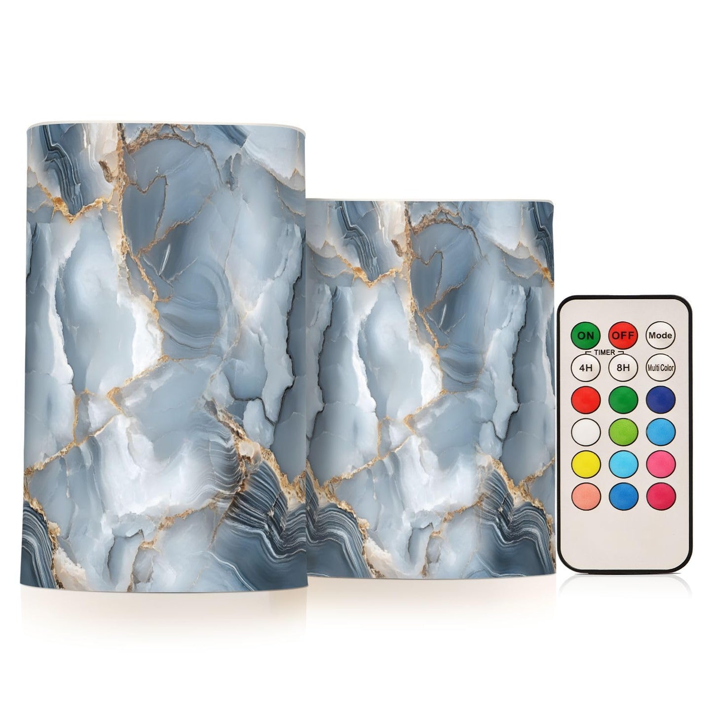 zyrtty 2 Pack Plastic Flameless Candles Dark Blue White Gold Marble Battery Operated with Remote and Timer Real Wax LED Flickering Pillar Candles Set Window Christmas Holiday Decor